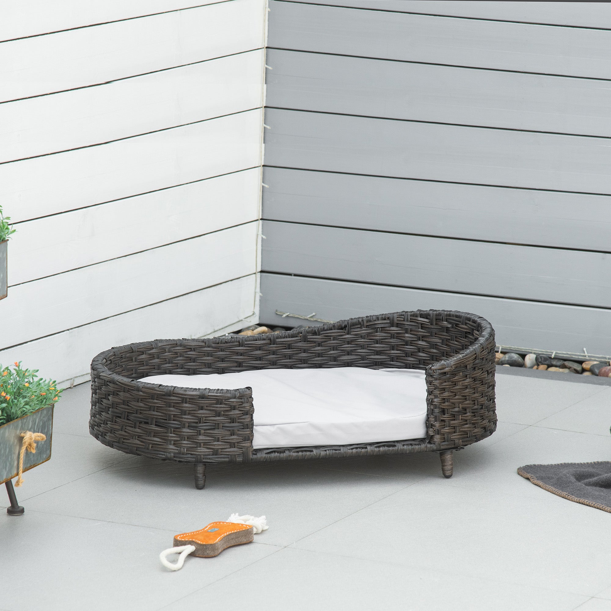 PawHut Raised Ratten Dog Bed Sofa, Elevated Wicker Cat Couch Bed with Removable Soft Cushion Washable Cover, for Small & Medium Dogs, Charcoal Grey