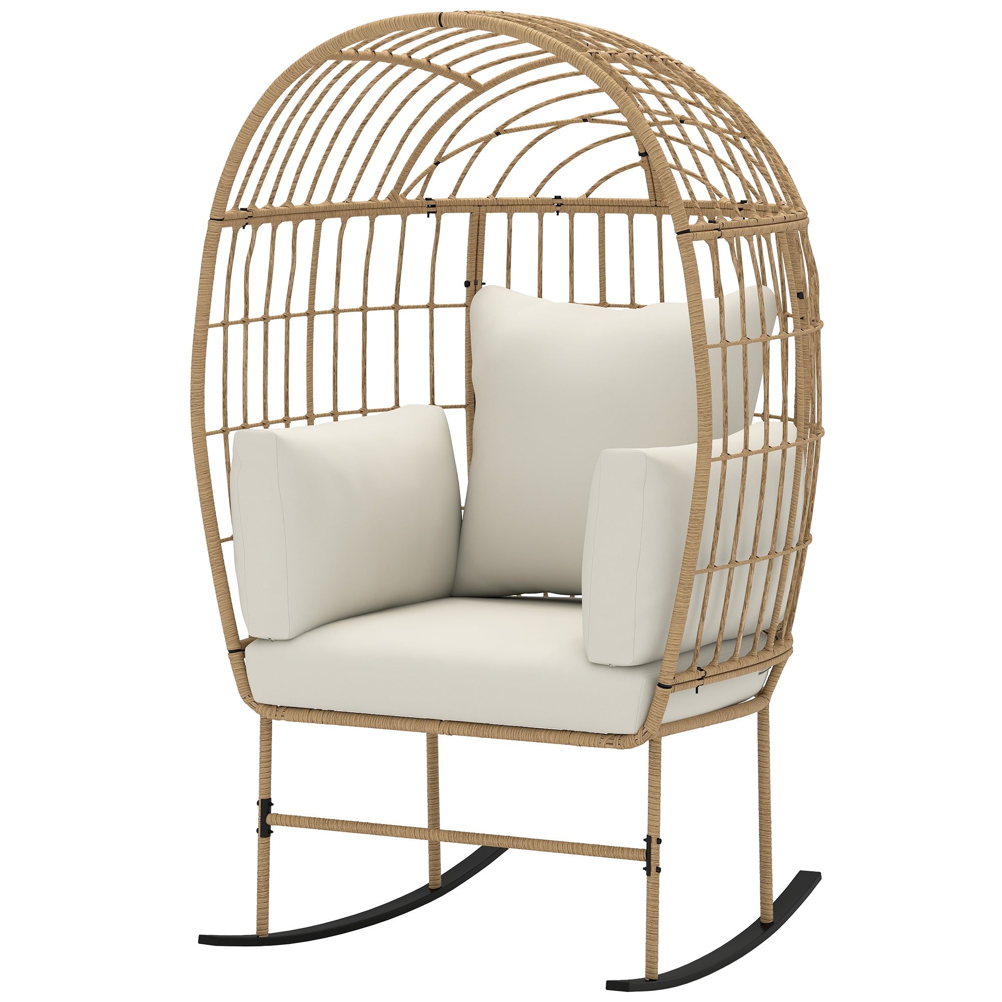 Outsunny Oversized Rocking Chair, Indoor Outdoor Egg Chair w/ Thickened Cushions, Wicker Patio Lounger for Porch, Balcony, Beige