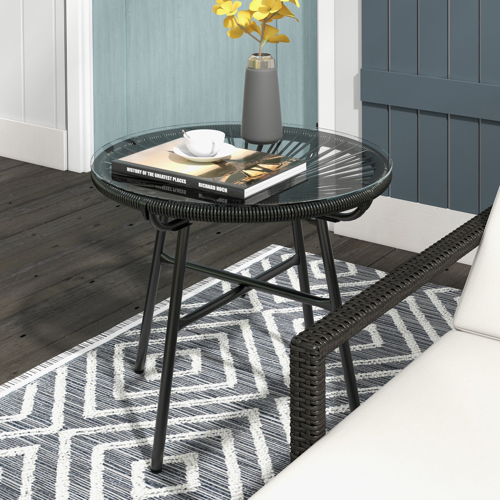 Outsunny Rattan Side Table, Round Outdoor Table, with Round PE Rattan and Tempered Glass Table Top for Patio, Garden, Black
