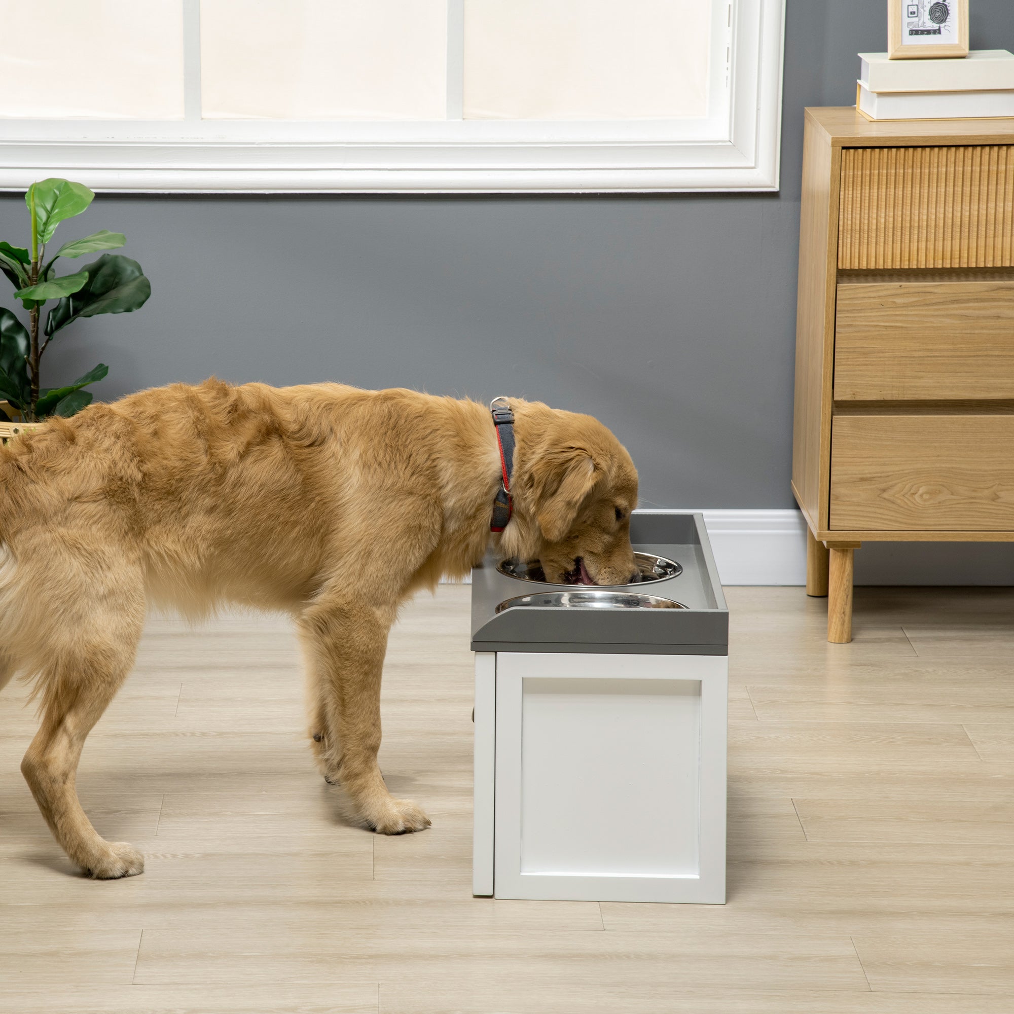 PawHut Elevated Dog Bowls Raised Pet Feeding Station with Storage 2 Stainless Steel Bowls, 23.6"x11.8" x14.2", White