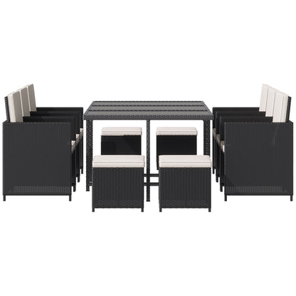Outsunny 11 Pieces Wicker Patio Dining Set, Space-saving Outdoor Furniture Set with Removable Cushions, Glass Top Dining Table, 6 Armchairs, 4 Ottomans, PE Rattan Conversation Set