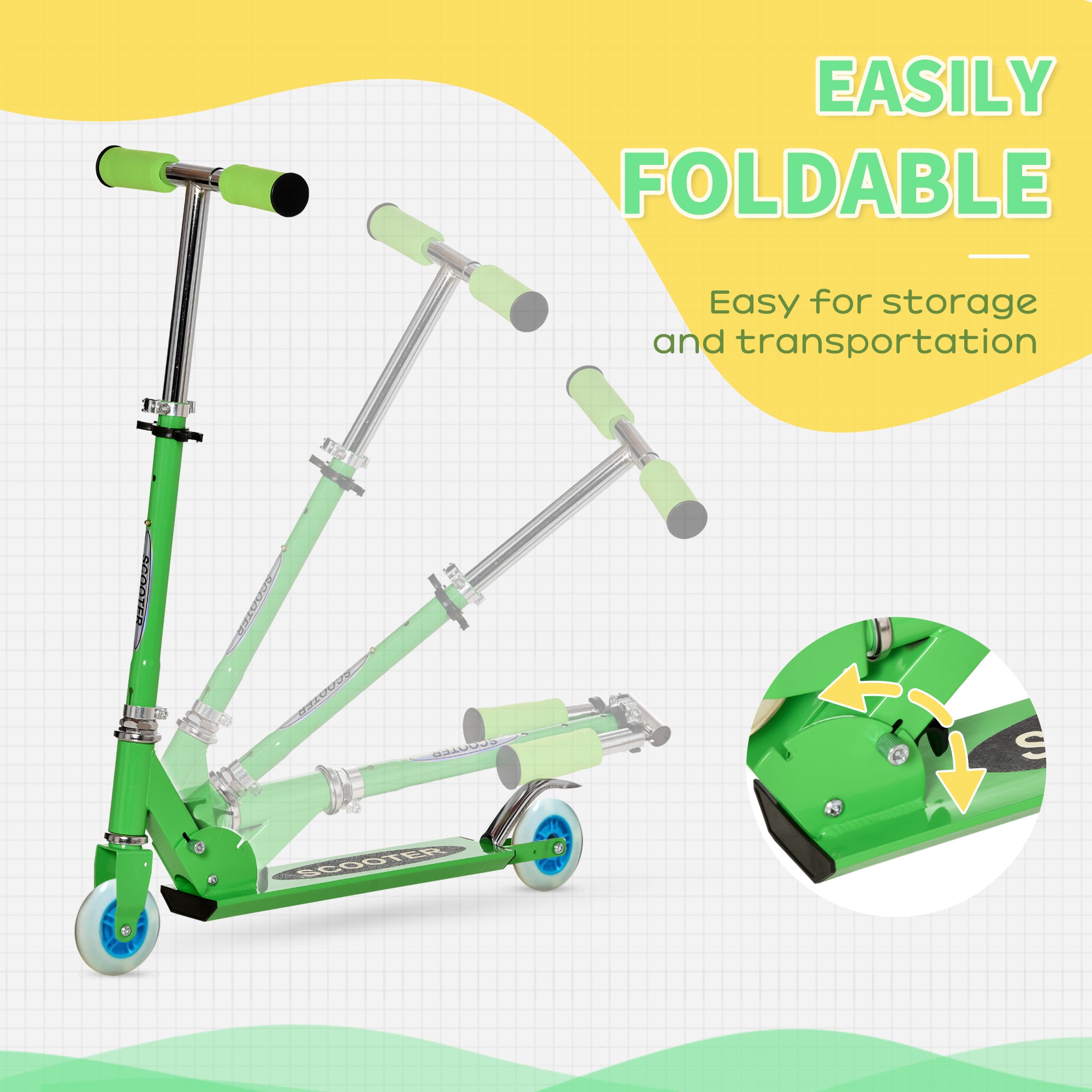 Qaba Snow Scooter, 2 in 1 Design Adjustable Height Scooter Snow Sled for Kids Aged Over 7 Years Old, Kids Sled Ski Scooter with Wheels Blades, Green