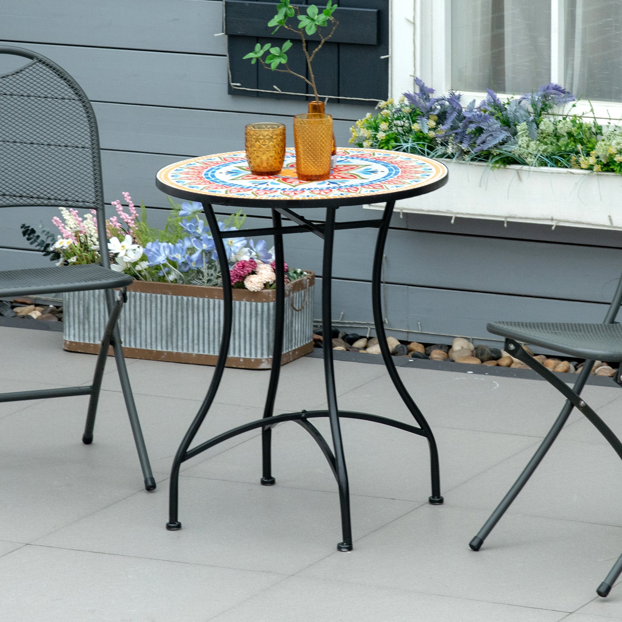 Outsunny Mosaic Patio Table, Round Coffee Table with Metal Frame, Garden Furniture for Outdoor, Poolside, Red