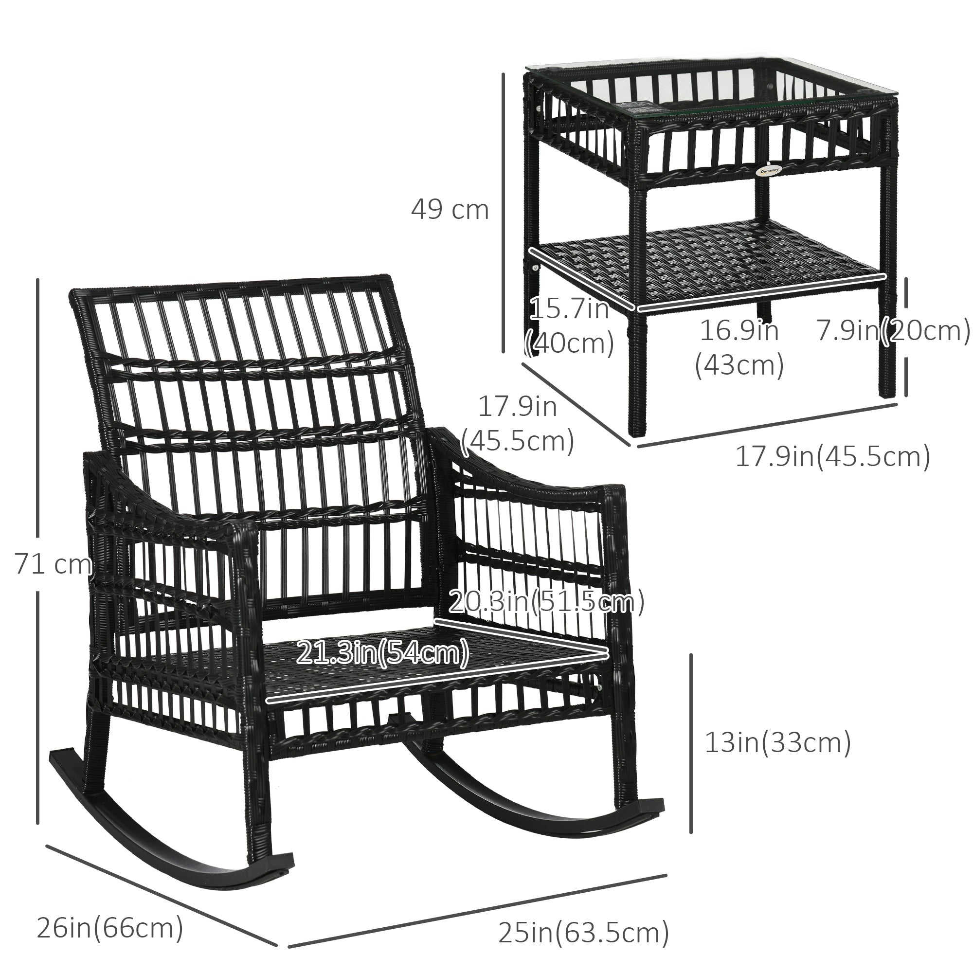 Outsunny 3 Pieces Outdoor PE Rattan Rocker Chair Set, Rocking Chair with Tempered Glass Table Top,25"x26"x28", Turquoise Green