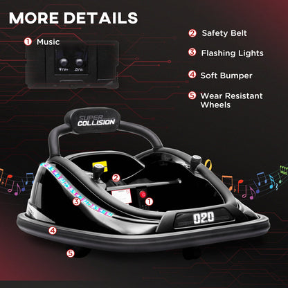 Aosom 12V Kids Bumper Car with Parent Remote Control, Safety Belt, Colorful LED Lights, for Boys and Girls, Black