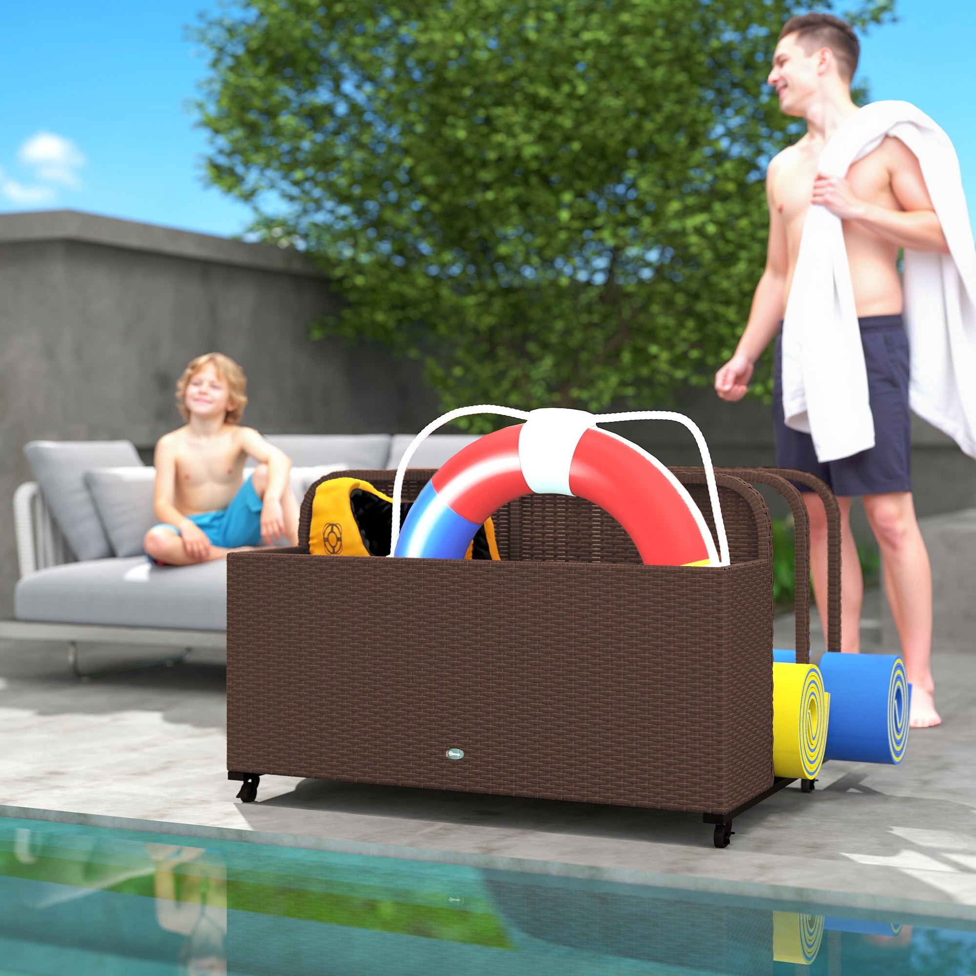 Outsunny Rolling Pool Storage Rattan Patio Furniture Outdoor Storage Wicker Organizer for Floats, Paddles, Balls, Towels, Brown