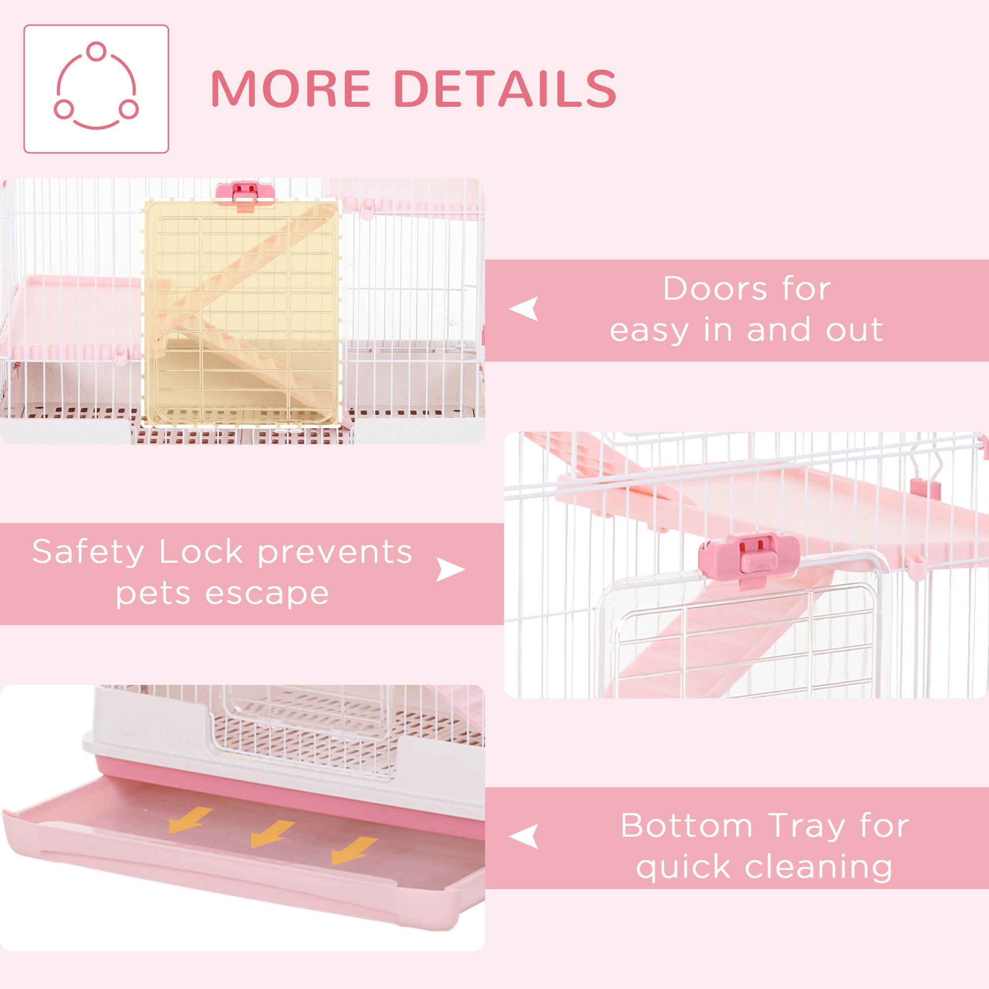 PawHut 32"L 4-Level Small Animal Cage with Universal Lockable Wheels, Slide-out Tray for Bunny, Chinchillas, Ferret, Pink
