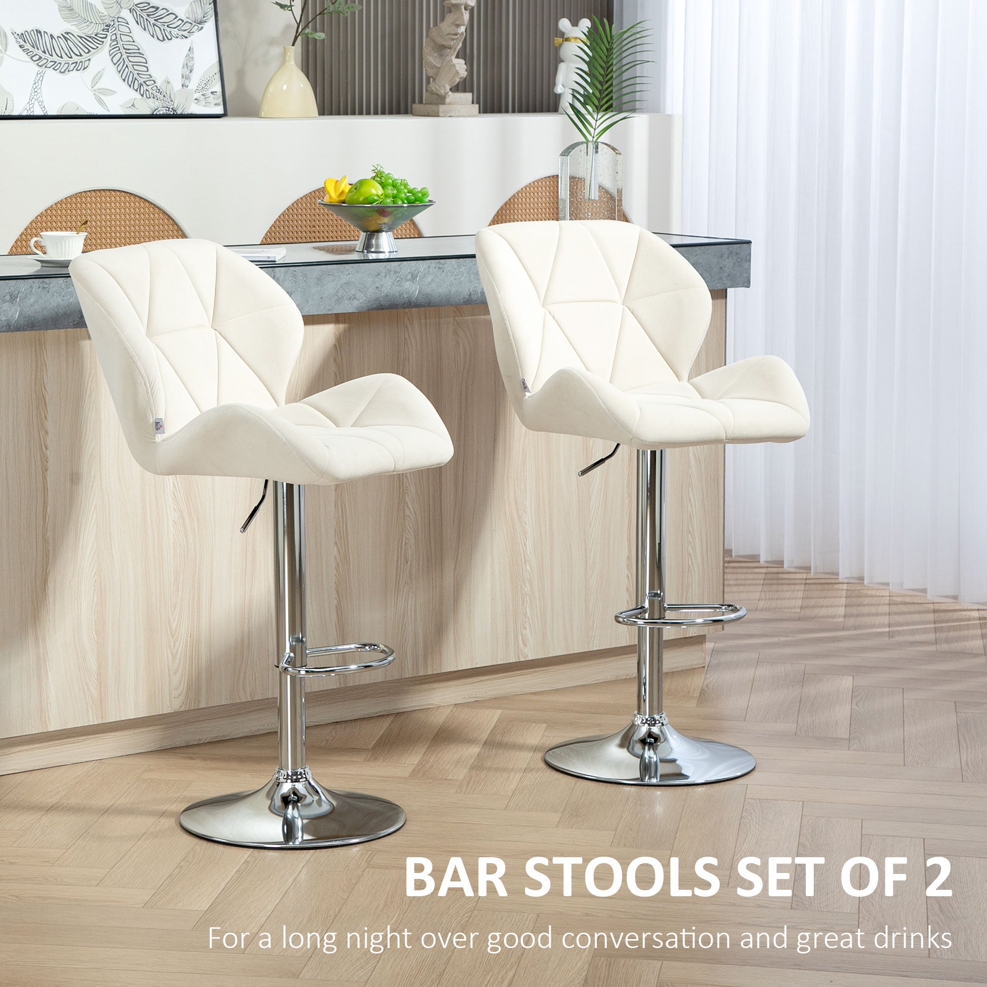 HOMCOM Bar Stool Set of 2 Fabric Adjustable Height Armless Upholstered Counter Chairs with Swivel Seat, Cream White