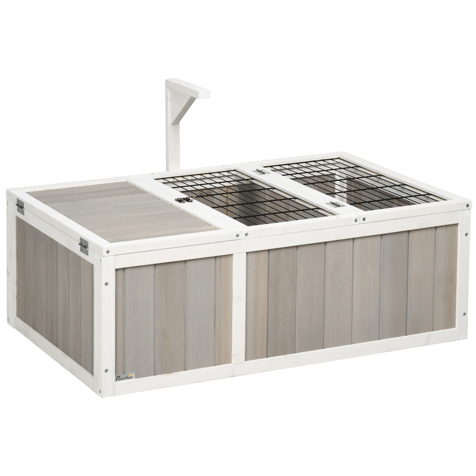 PawHut Wooden Tortoise Habitat with Openable Top, Run Cage, Two Rooms, Grey