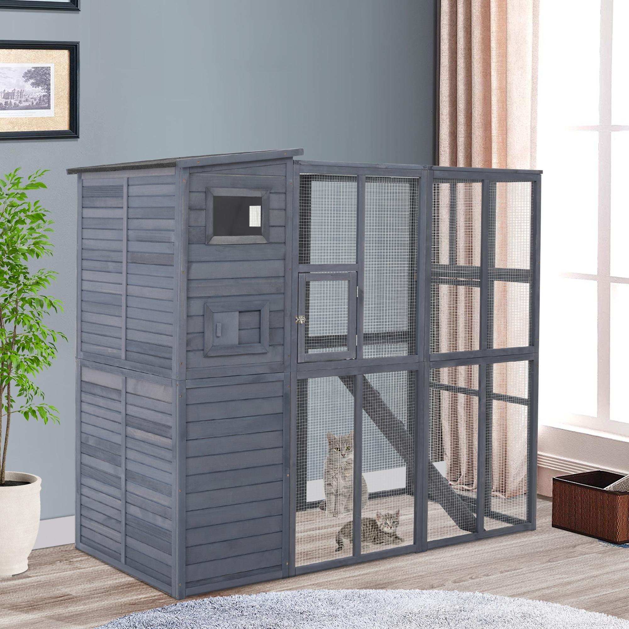 PawHut Outdoor Wooden Catio with 4 Tier Main House, Ramp, Platforms, Asphalt Roof, Ramps, Sliding Door, Window, Grey