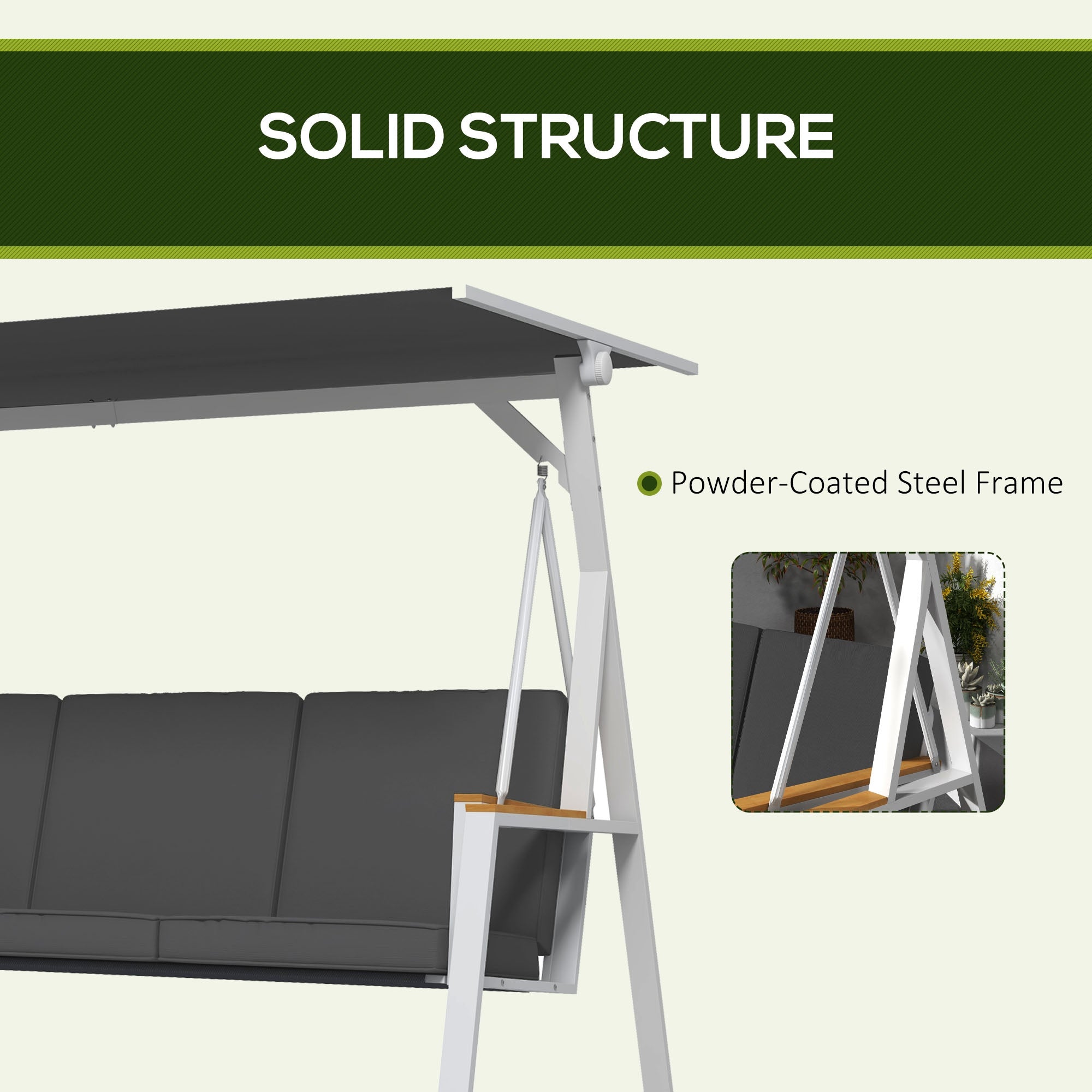 Outsunny 3-Seat Outdoor Porch Swing Outdoor Patio Swing with Adjustable Canopy, Removable Cushion for Garden, Poolside, Grey