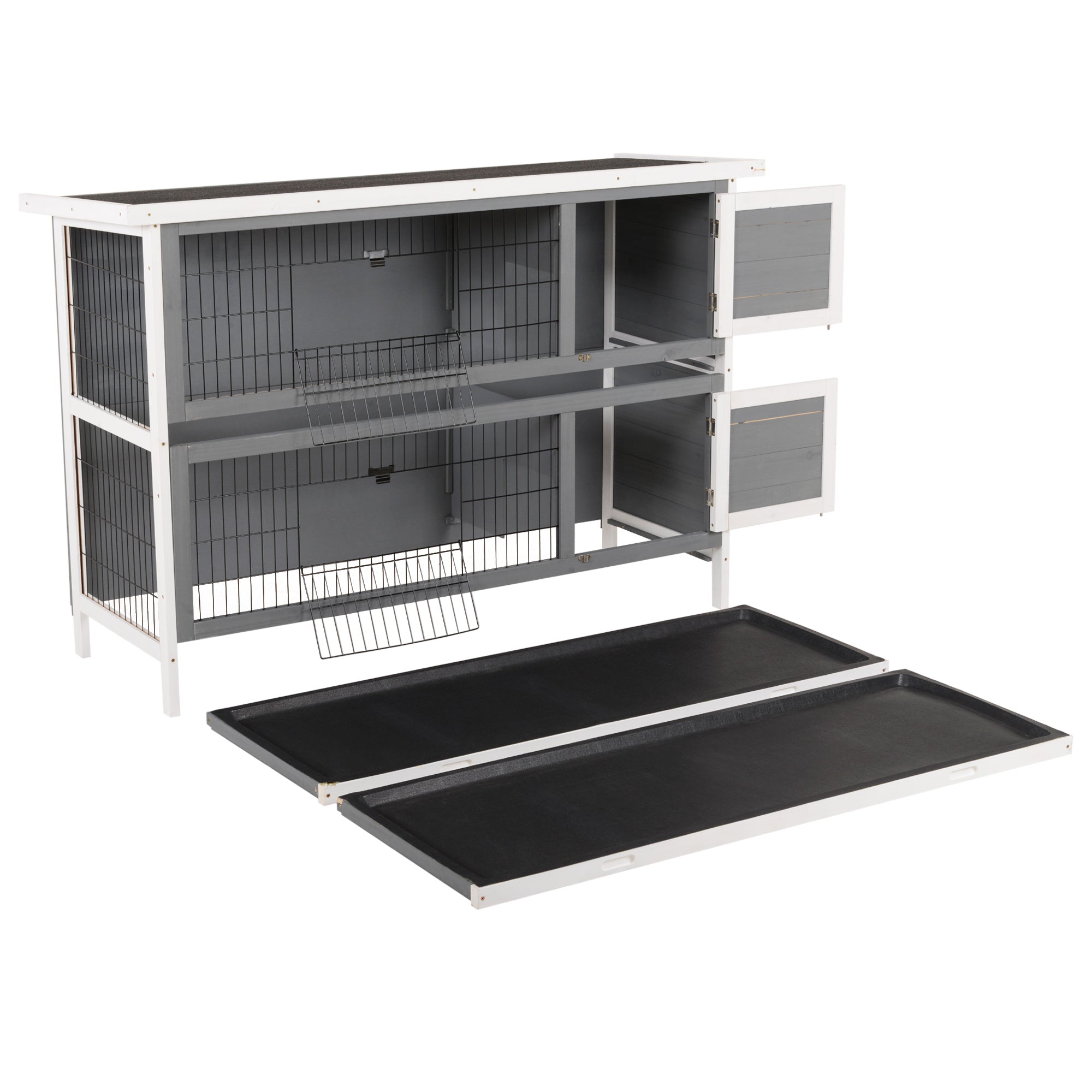 PawHut 2 Tier Wooden Rabbit Hutch Bunny Pet House Wooden Coop Run, Grey