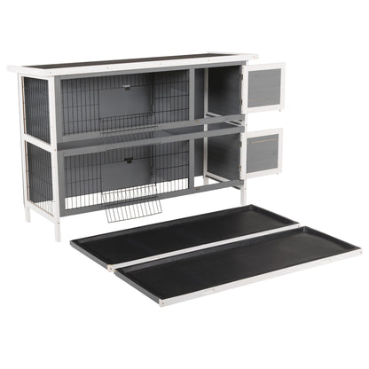 PawHut 2 Tier Wooden Rabbit Hutch Bunny Pet House Wooden Coop Run, Grey