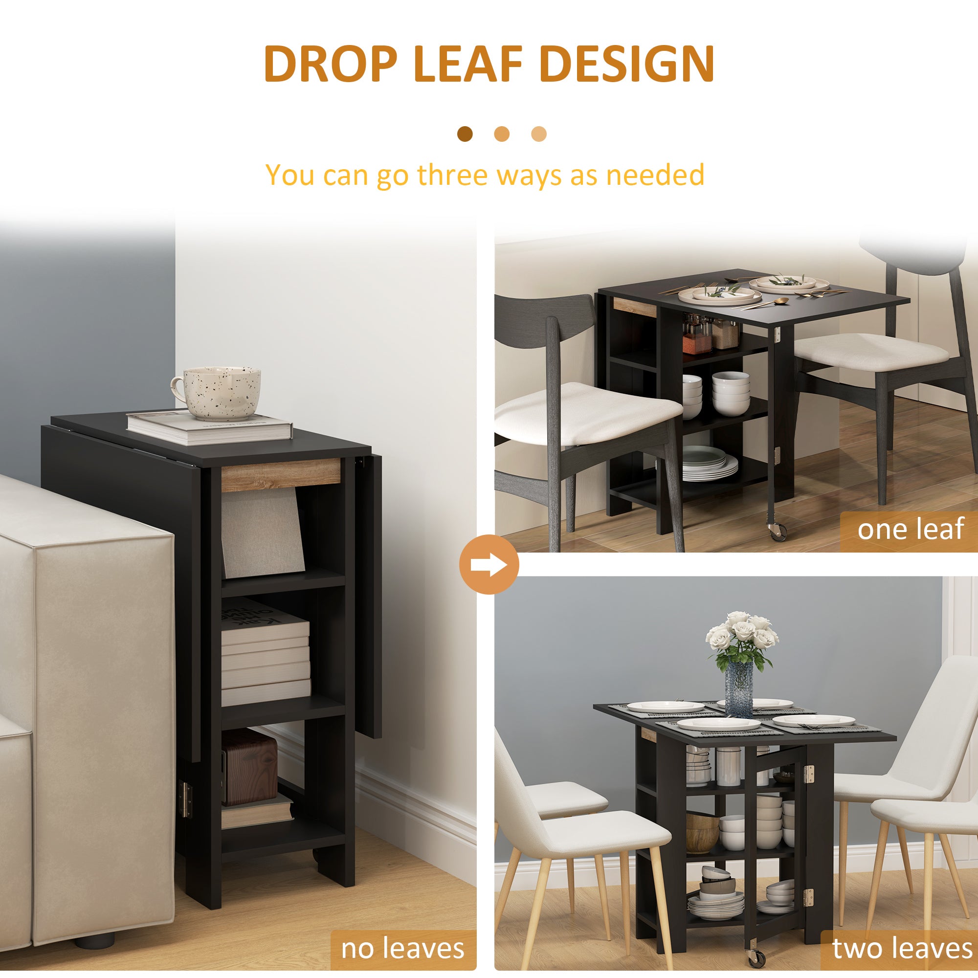 HOMCOM Folding Dining Table with Storage, Drop Leaf Kitchen Table for Small Spaces, Black