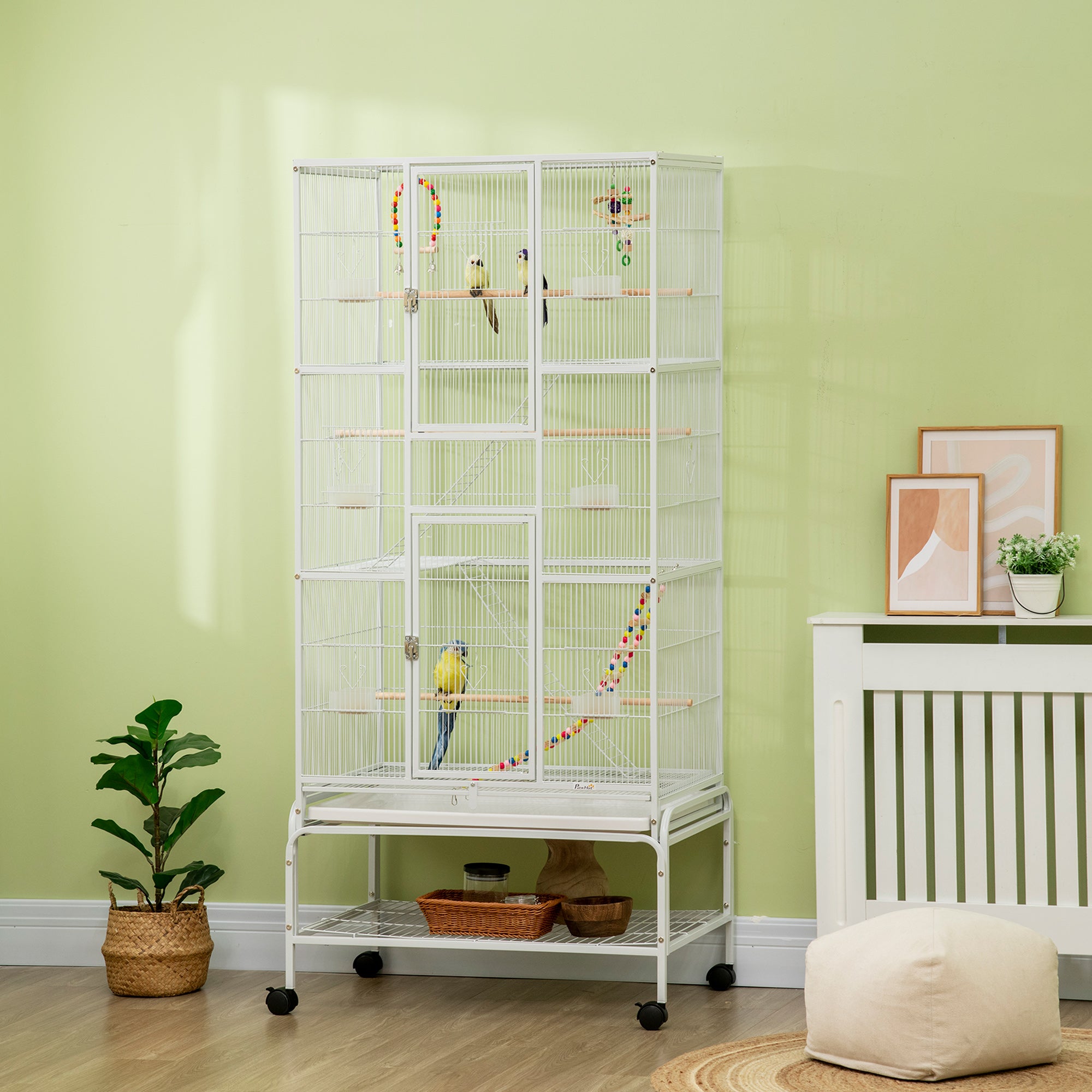 PawHut 71" Bird Cage with Wheels Perches, Ramp, Storage Shelf, Toys for Canaries, Finches, Cockatiels, Parakeets, White