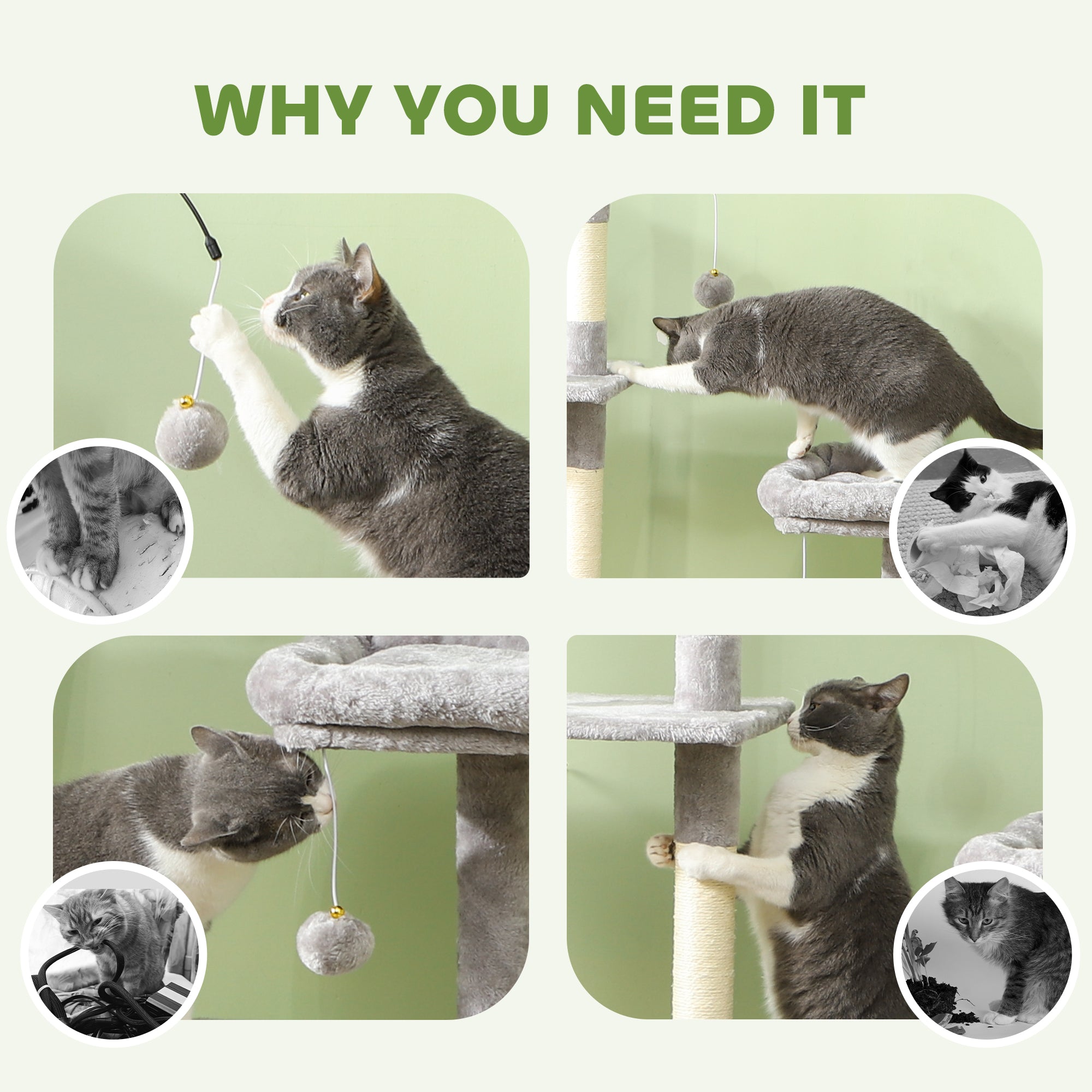 PawHut 53" Cat Tree, Cat Tower with Scratching Posts, Cat Condo, Beds, Platforms, Toy Balls for Indoor Cats, Light Grey