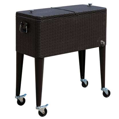 Outsunny 80 Quart Rattan Rolling Cooler Cart Portable Patio Ice Beer Beverage Cooling Bin for Outdoor Party w/ Bottle Opener, Brown Wicker