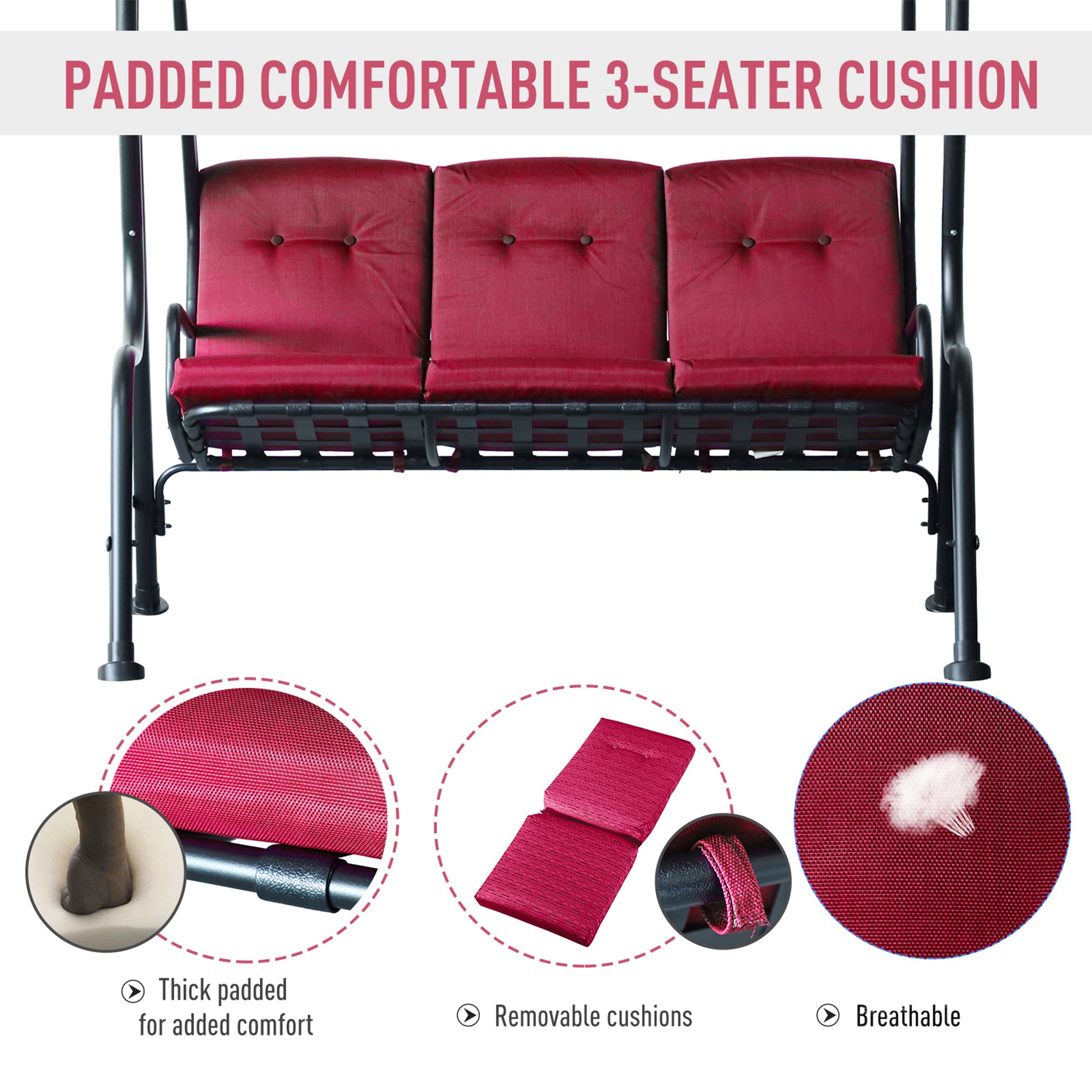 Outsunny 3-Person Porch Swing Chair, Patio Swing Bench with Adjustable Canopy, Removable Thicken Cushion and Weather Resistant Steel Frame for Outdoor, Garden, Poolside, Wine Red
