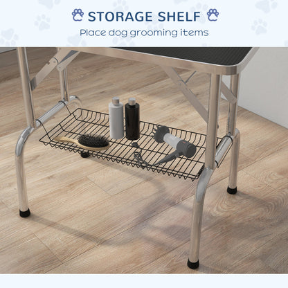 PawHut Foldable Grooming Table for Dogs with Height Adjustable Grooming Arm, Storage Shelf, Black