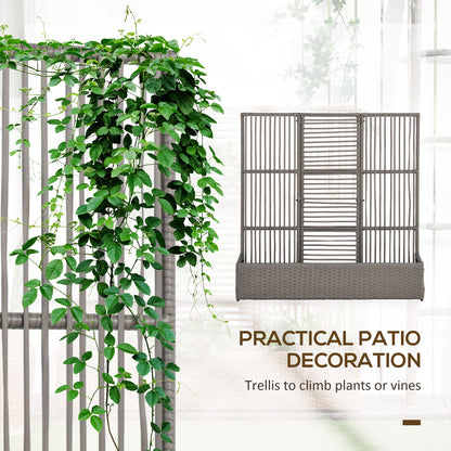 Outsunny Raised Garden Bed with Lattice Trellis, Rattan Outdoor Planter with Storage for Garden, Patio, Balcony, Grey