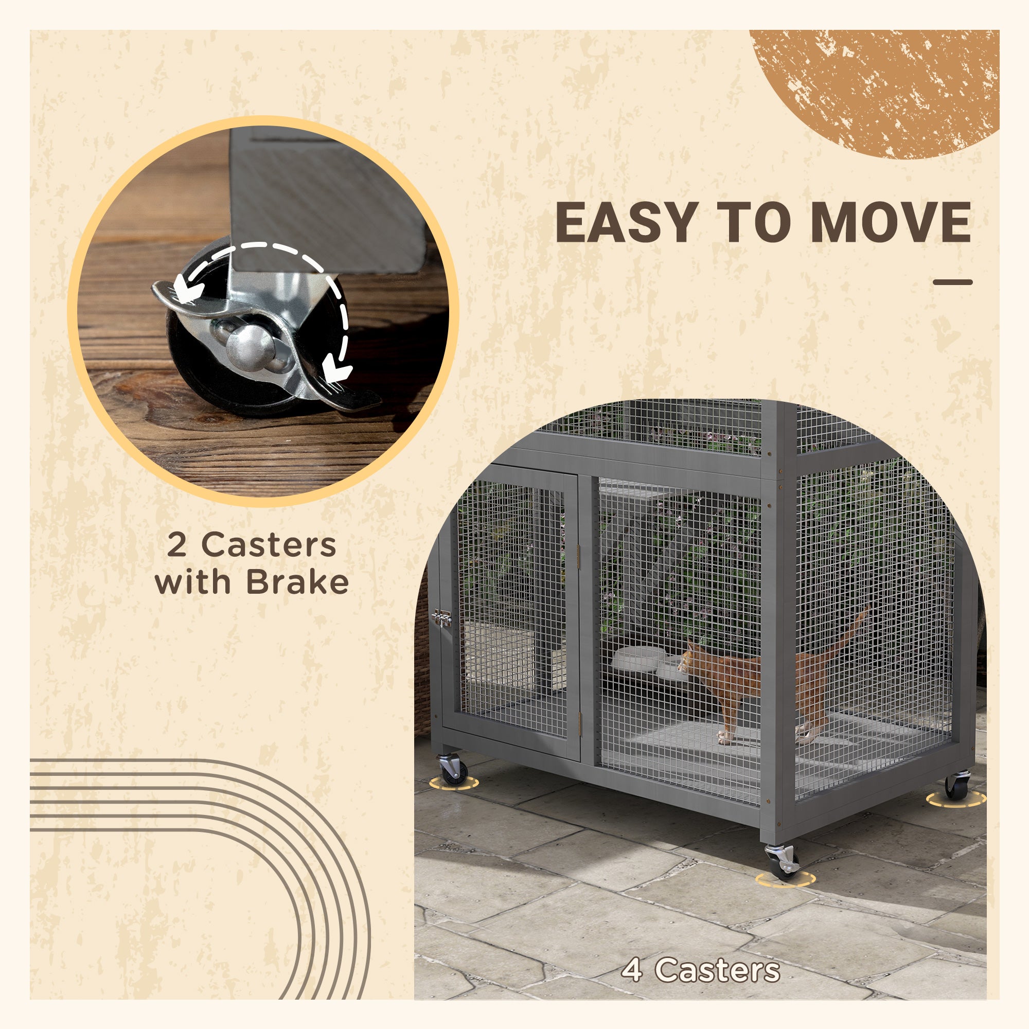 PawHut 74" Wooden Outdoor Cat House Weatherproof & Wheeled with High Weight Capacity, Kitten Cage Condo, Light Grey
