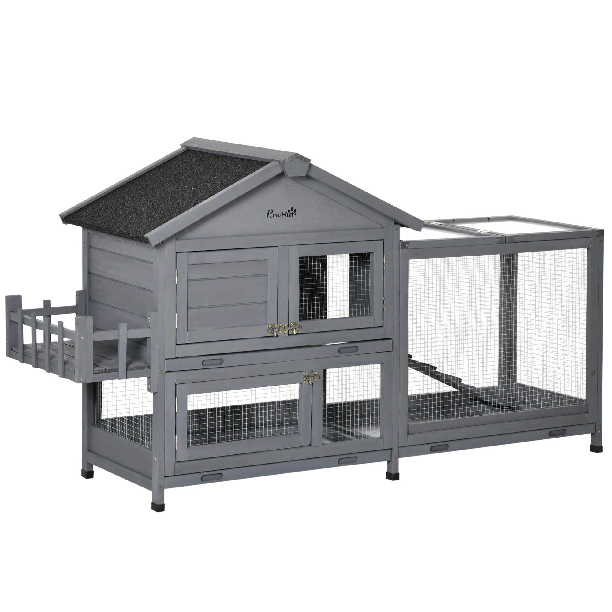 PawHut 65" Wooden Rabbit Hutch, Pet Playpen with Openable Roof, Storage Box, for Rabbits and Small Animals, Dark Grey