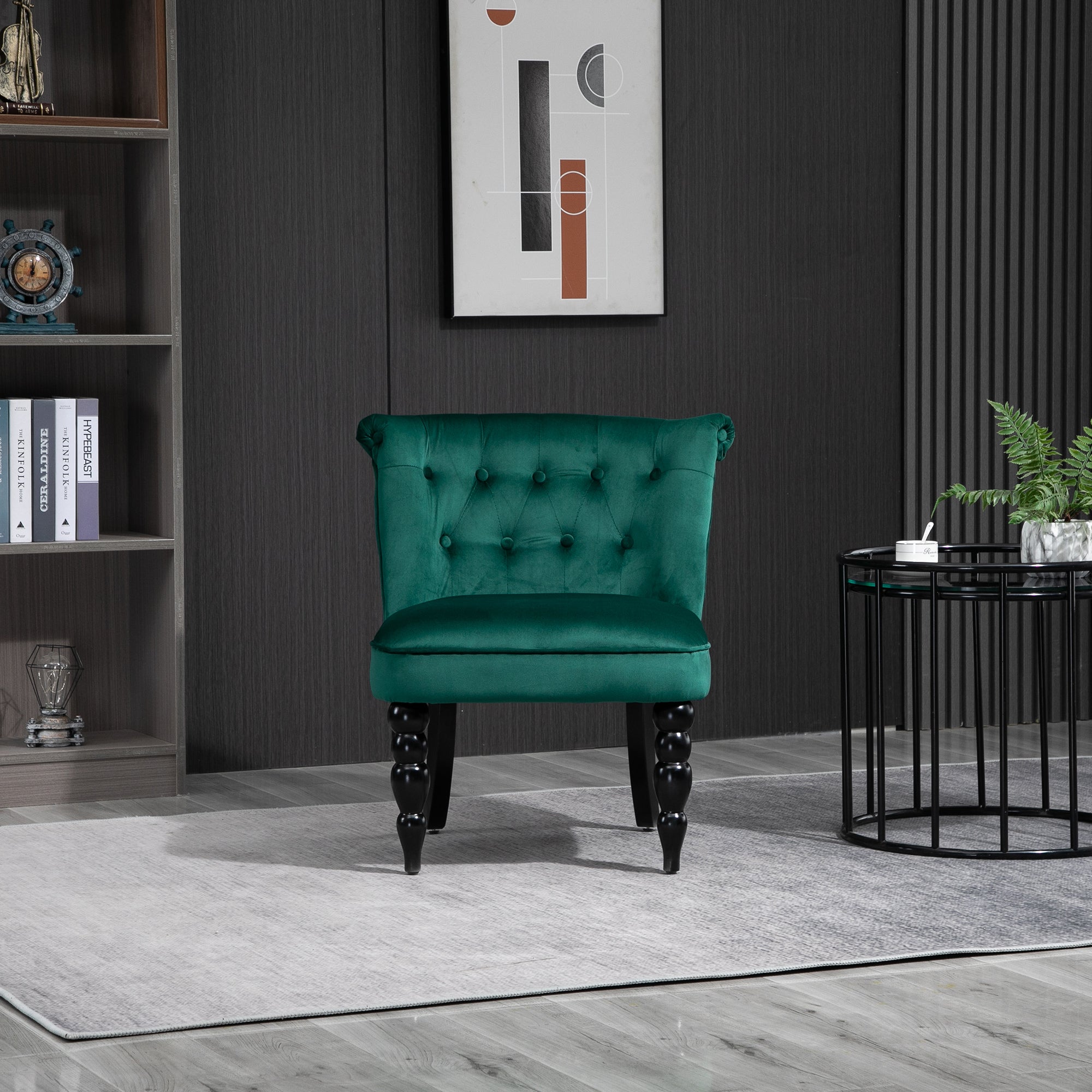 HOMCOM Vintage Leisure Accent Chair, Armless Chair with Button Tufted Straight Back, Turned Legs, Thick Sponge Padding for Living Room, Dining Room, Study, Dark Green