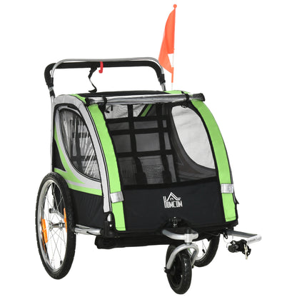 Aosom 2-in-1 Double Baby Jogging Stroller, Bike Trailer for Kids & Toddlers with Handbrake, 5 Point Harness, Waterproof Cover, Storage Bag, Safety Flag, Reflectors, Green