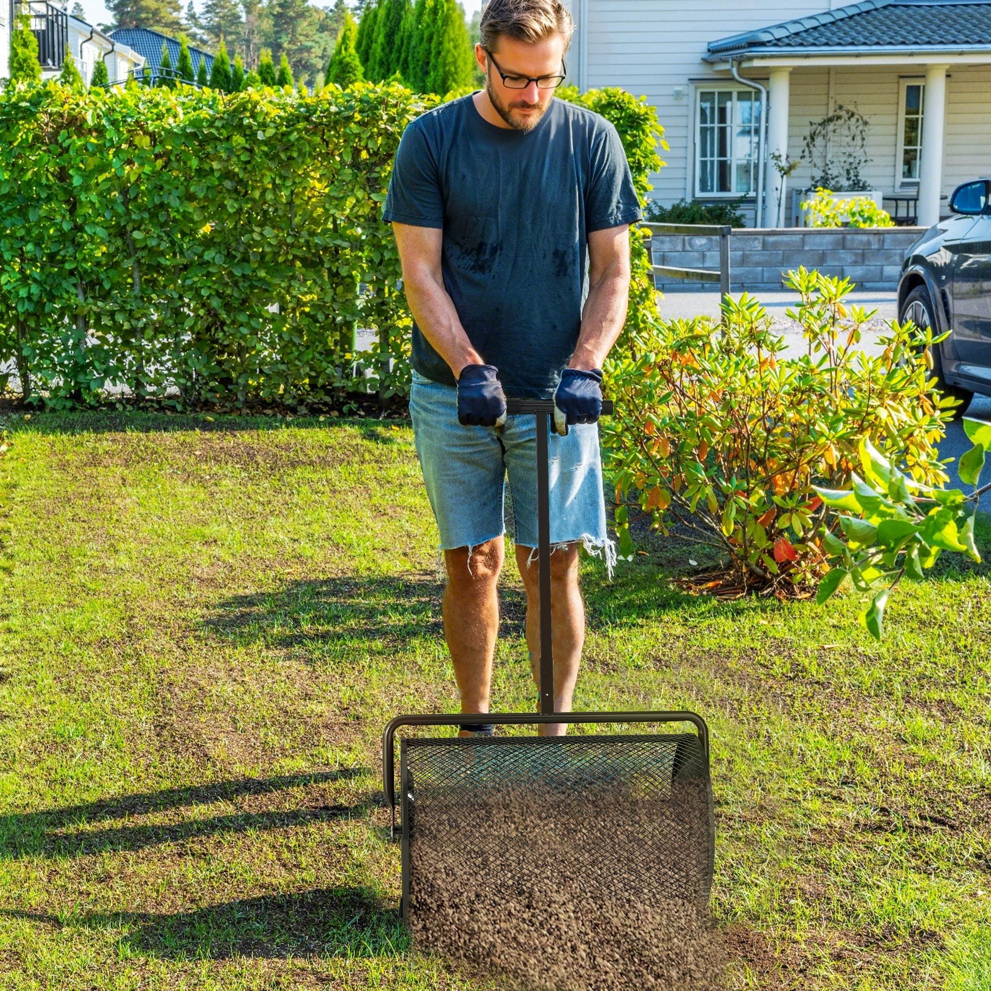 Outsunny 24 Inch Compost Spreader, Peat Moss Spreader with 24.4"/26.4" Height Adjustable Handle, Soil Spreader for Lawn, Black