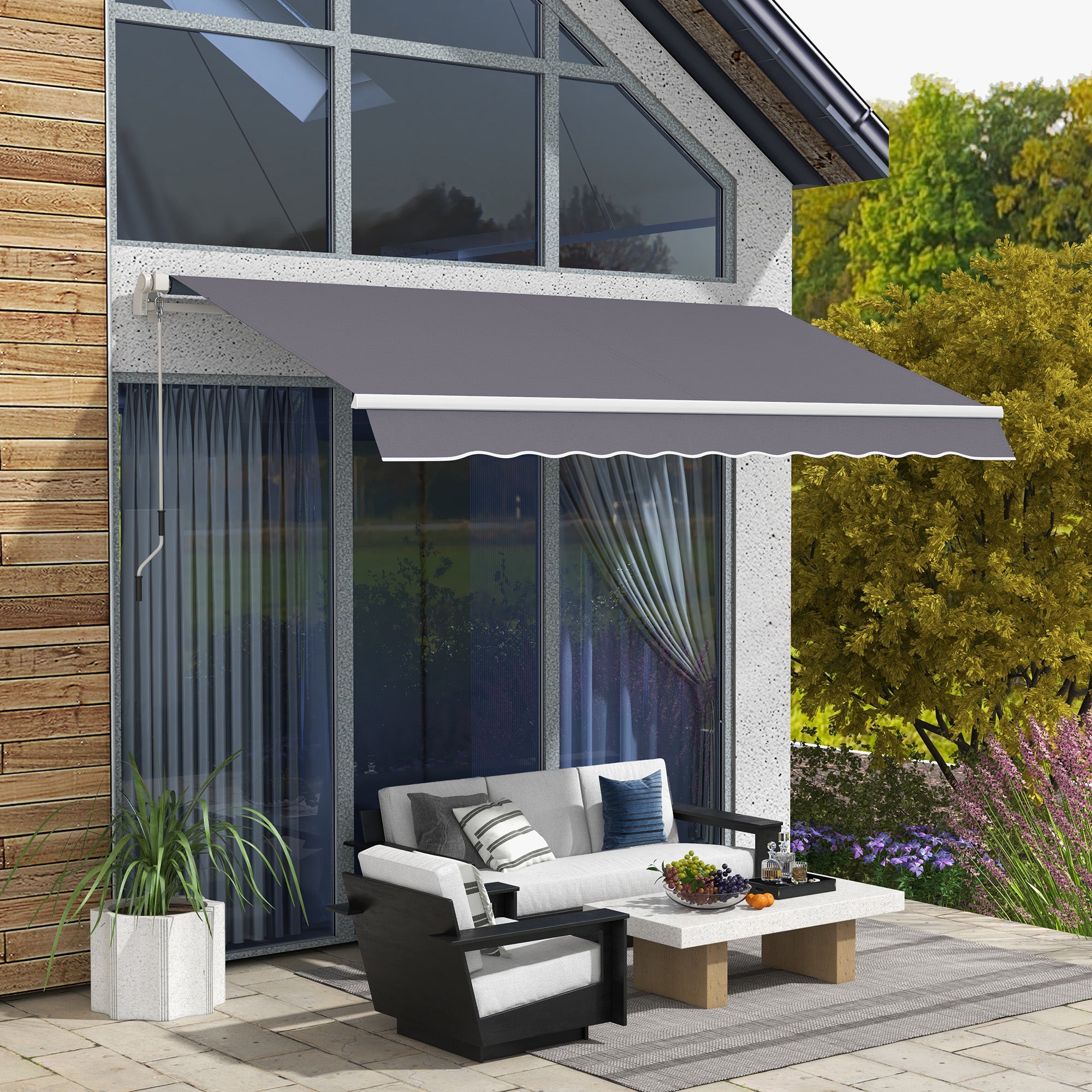 Outsunny 12' x 10' Manual Retractable Awning Outdoor Sunshade Shelter with Adjustable & Versatile Design, Dark Grey