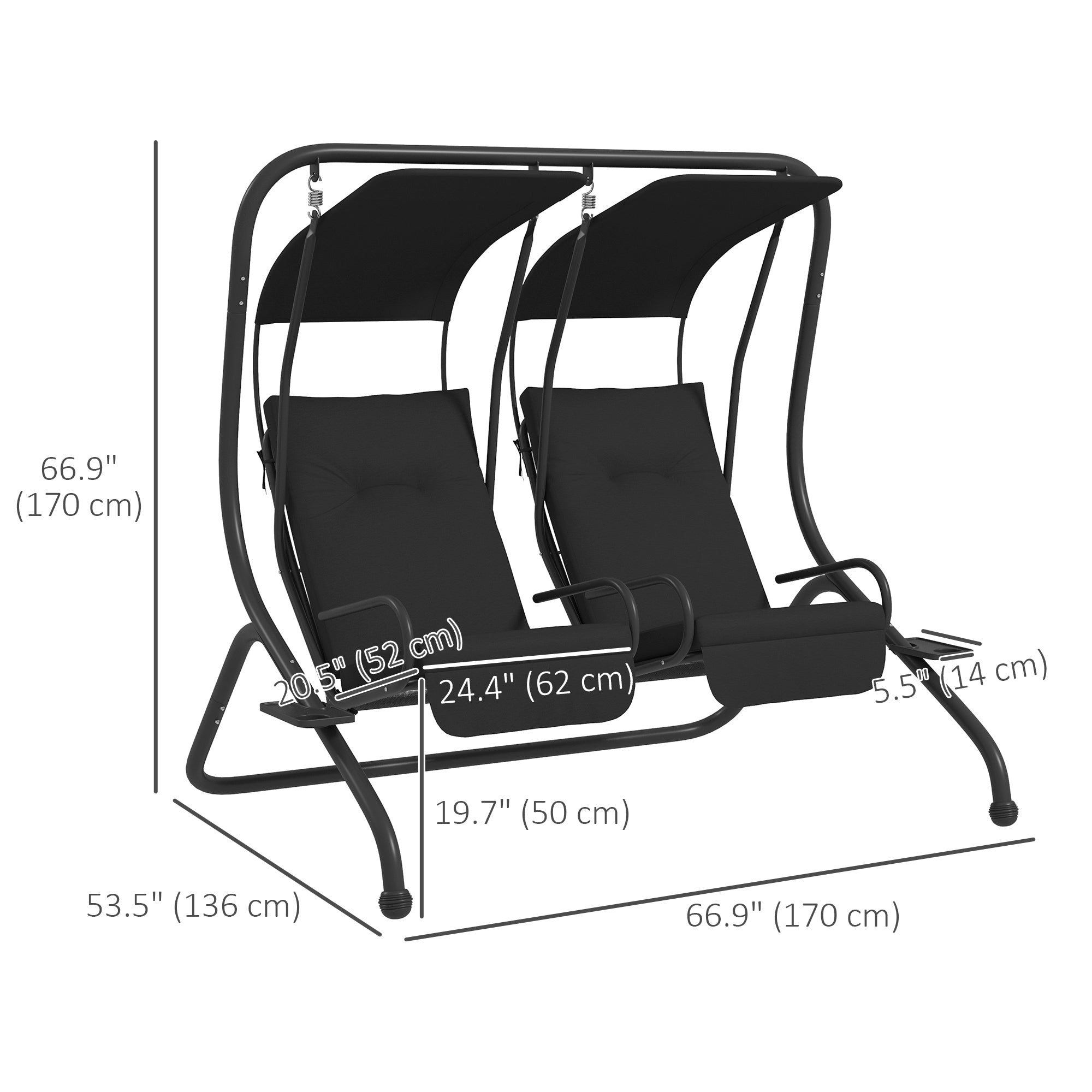 Outsunny 2-Seater Outdoor Porch Swing with Canopy, Patio Swing Chair for Garden, Poolside, Backyard, Black