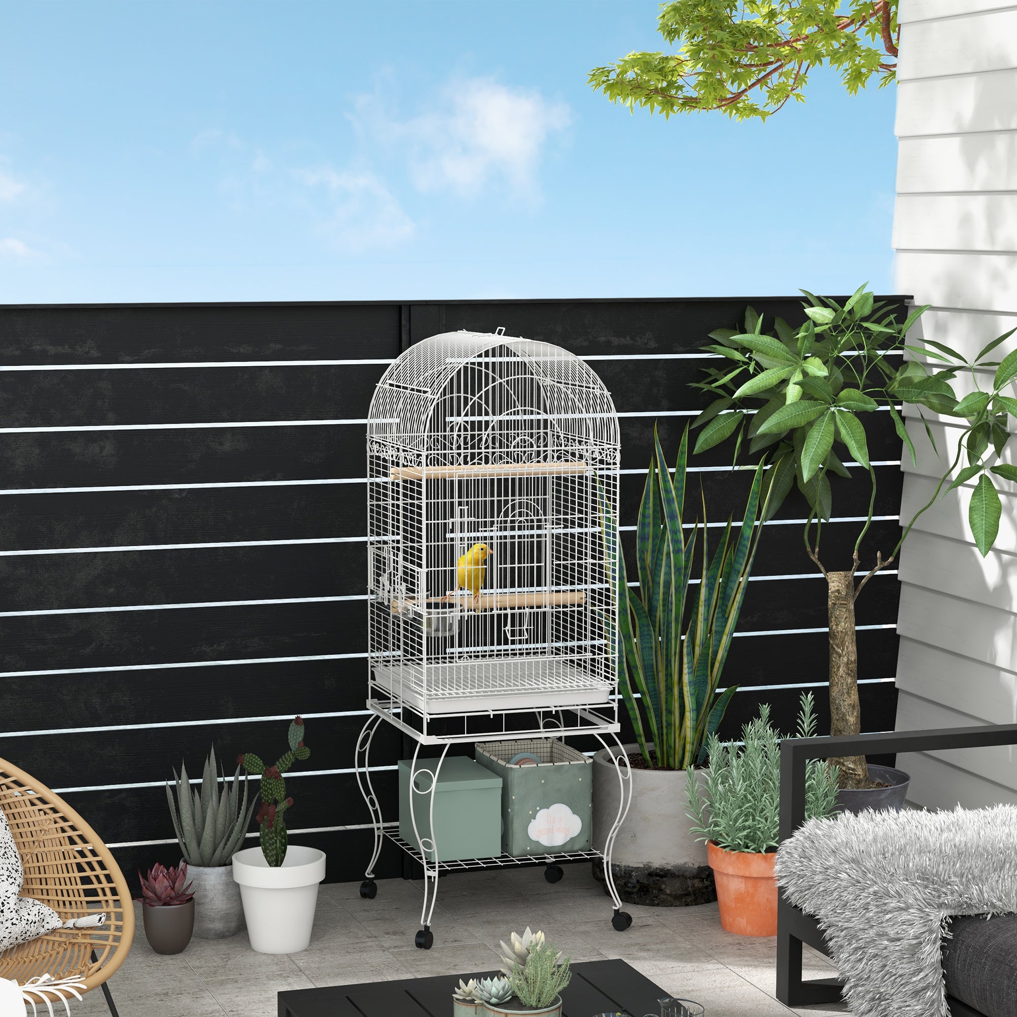 PawHut Play Open Top Bird Cage 60" Parrot Cage for Cockatiel, Sun Conure with Rolling Stand, Removable Tray, Perches, Storage Shelf White, 20.1" x 20.1"