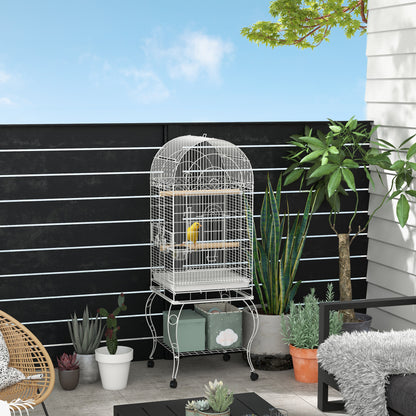 PawHut Play Open Top Bird Cage 60" Parrot Cage for Cockatiel, Sun Conure with Rolling Stand, Removable Tray, Perches, Storage Shelf White, 20.1" x 20.1"