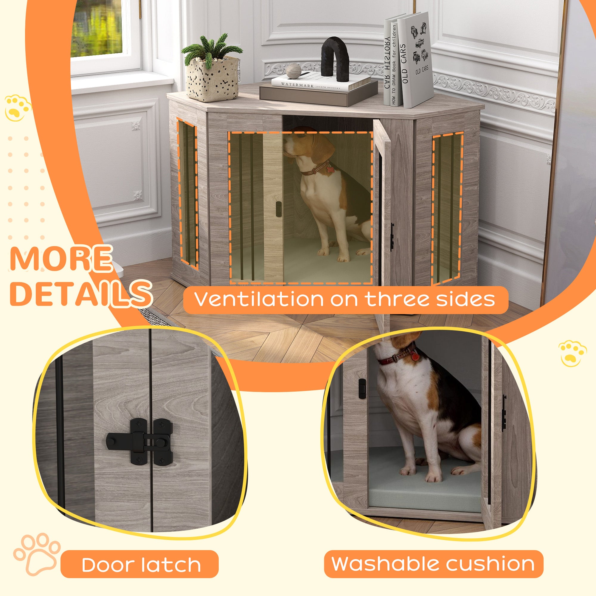 PawHut Dog Crate Furniture with Cushion, 41 Inch Corner Design Dog Crate End Table for Medium Dogs, Grey