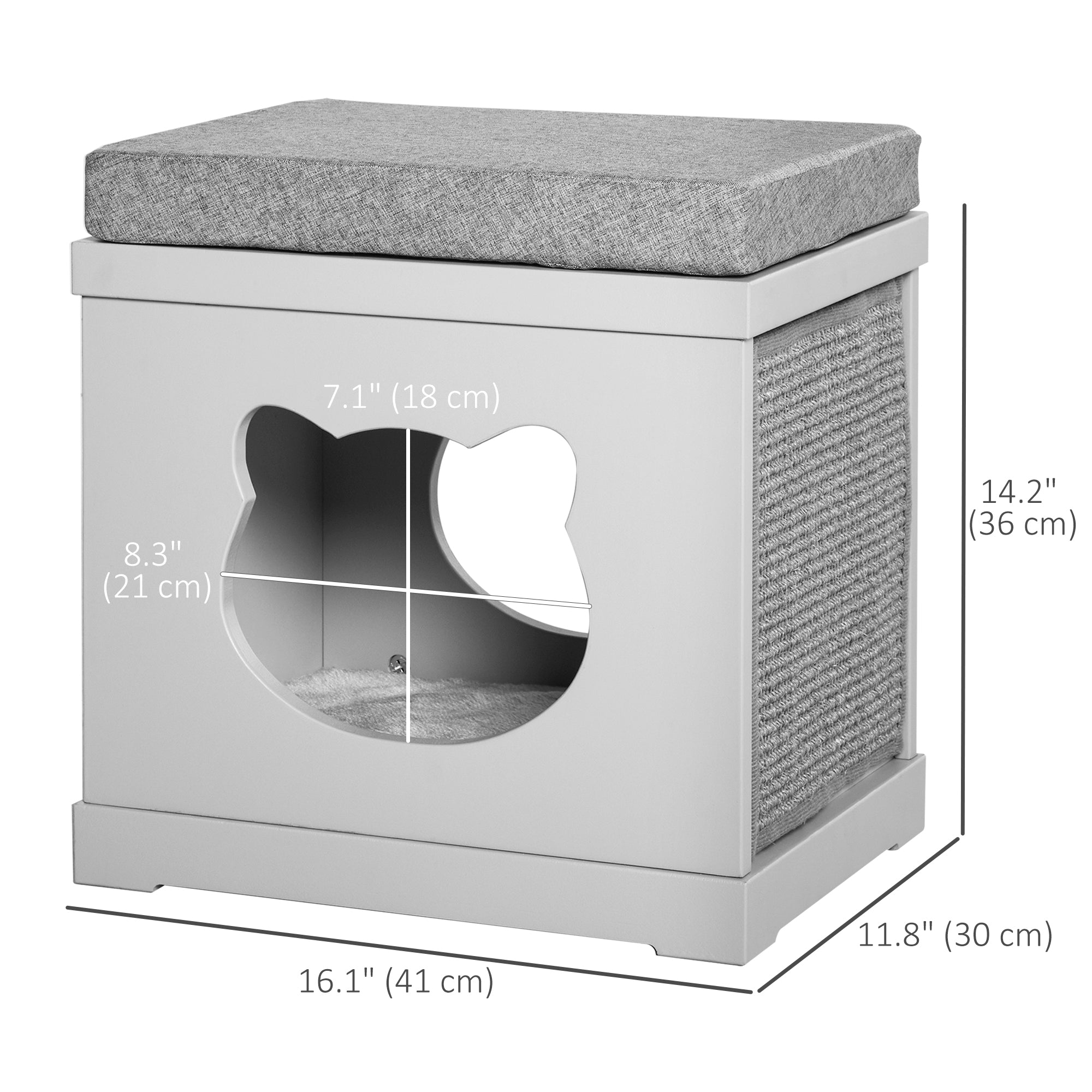 PawHut Indoor Cat Bed with 2 Exterior Scratching Boards, Cat Cube House with Removeable Cushions, 16" L x 12" W x 14" H, Grey