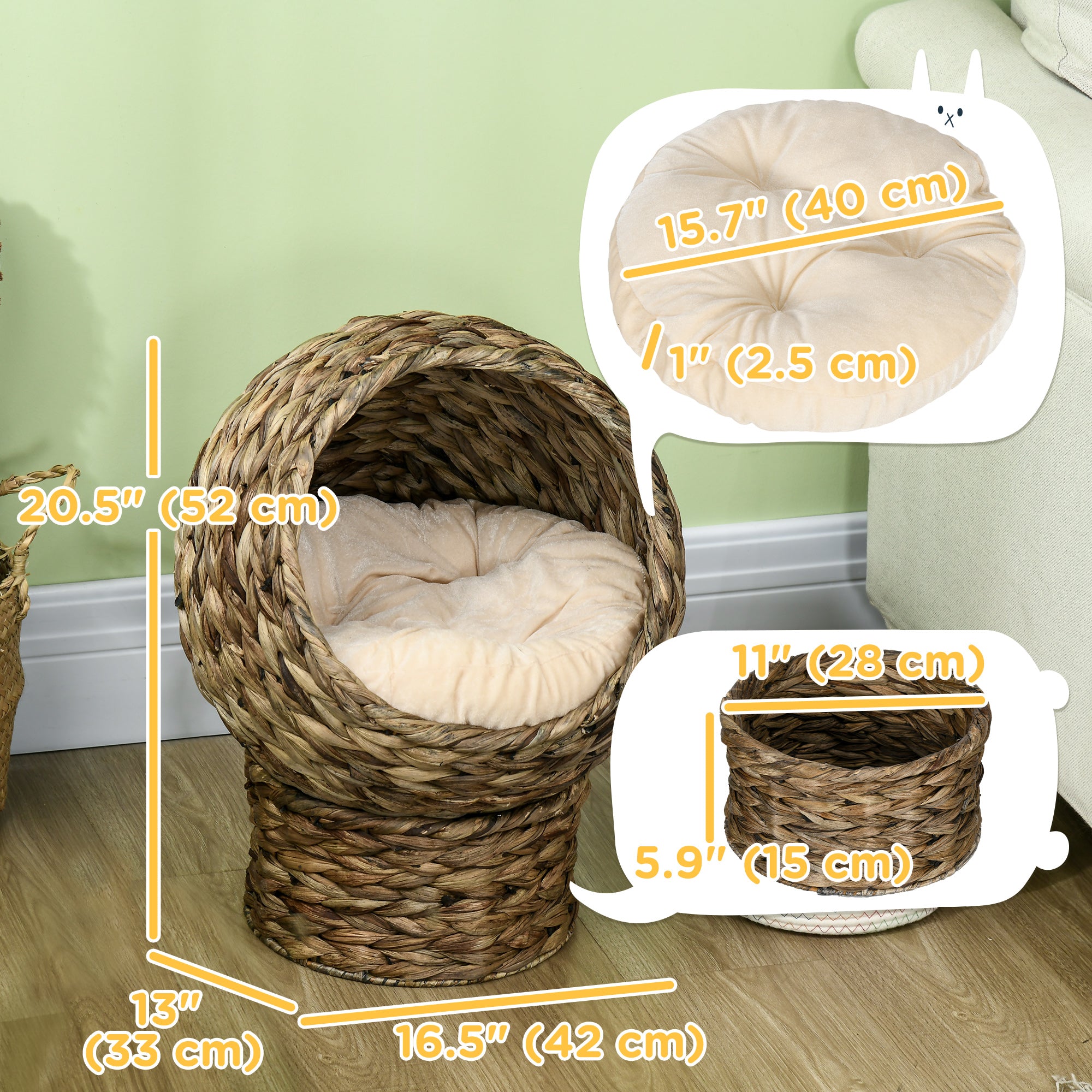 PawHut Wicker Cat Bed with Cushion, Stand, for Indoor Cats, Grey