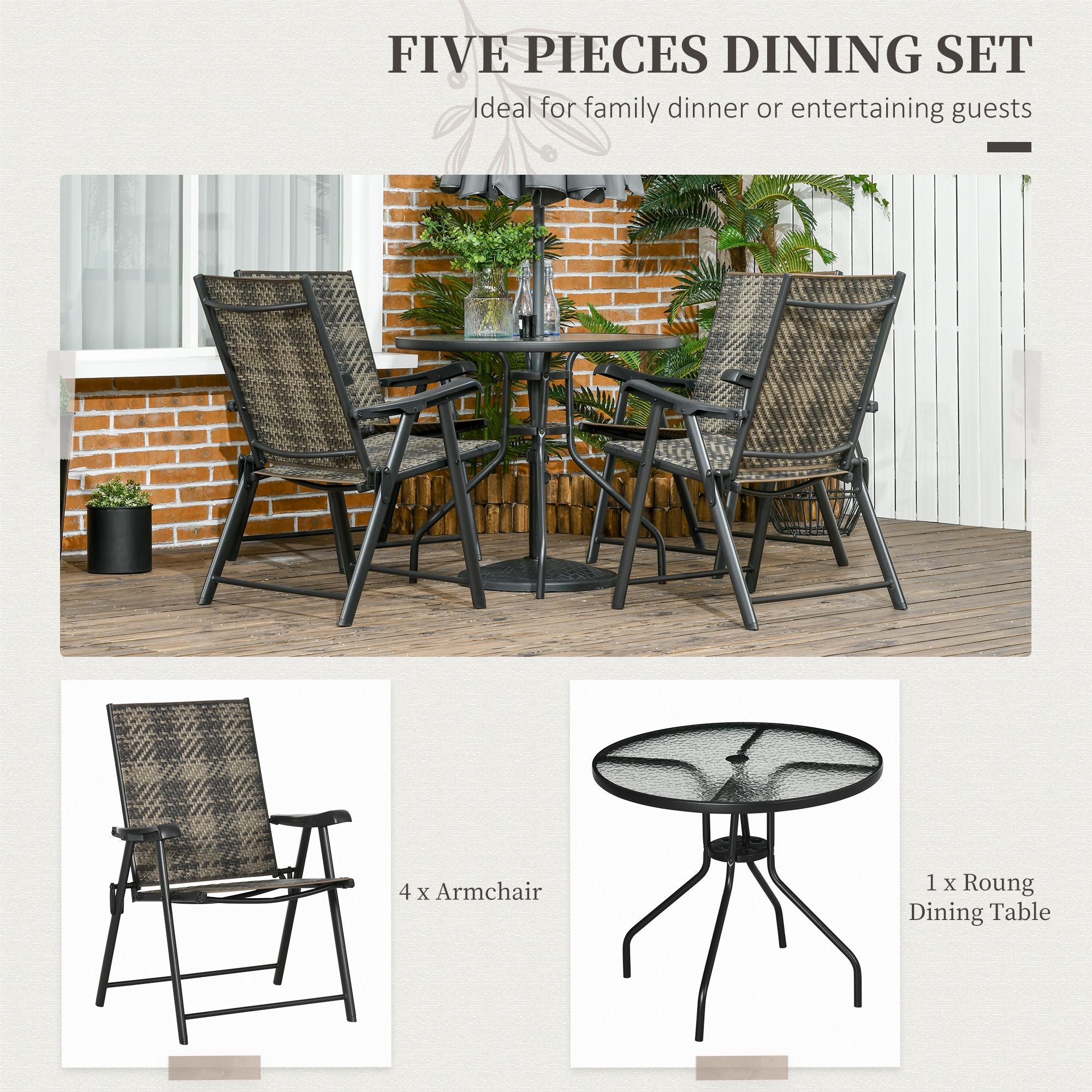 Outsunny 5 Pieces Wicker Patio Dining Set Outdoor Furniture Set, Glass Top Dining Table with Umbrella Hole, 4 Folding Armchairs, PE Rattan Conversation Set for Garden, Mixed Grey