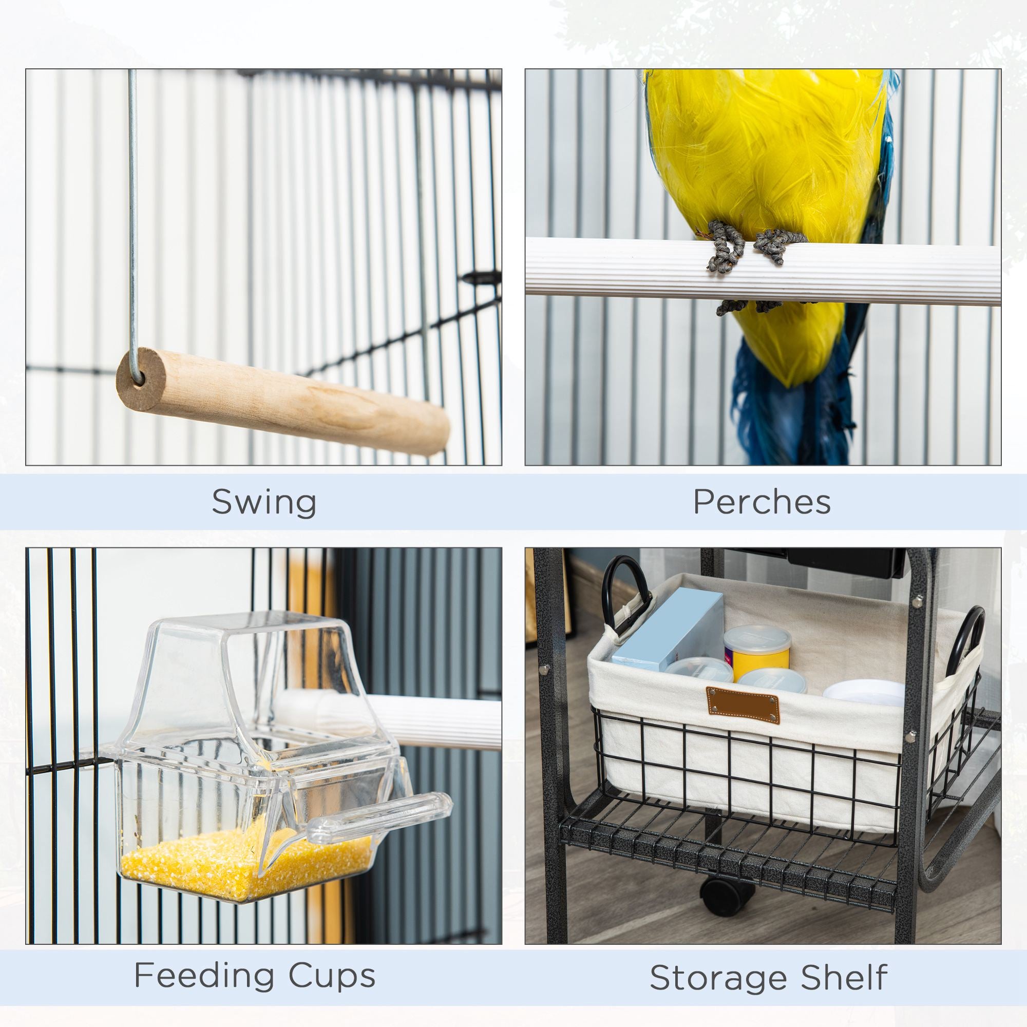 PawHut 44.5"H Metal Bird Cage Parrot Play Spot Stand with Wheel, Storage Shelf, Multi-doors - Black