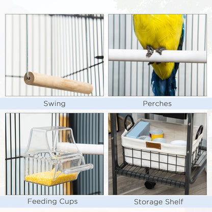 PawHut 44.5"H Metal Bird Cage Parrot Play Spot Stand with Wheel, Storage Shelf, Multi-doors - Black