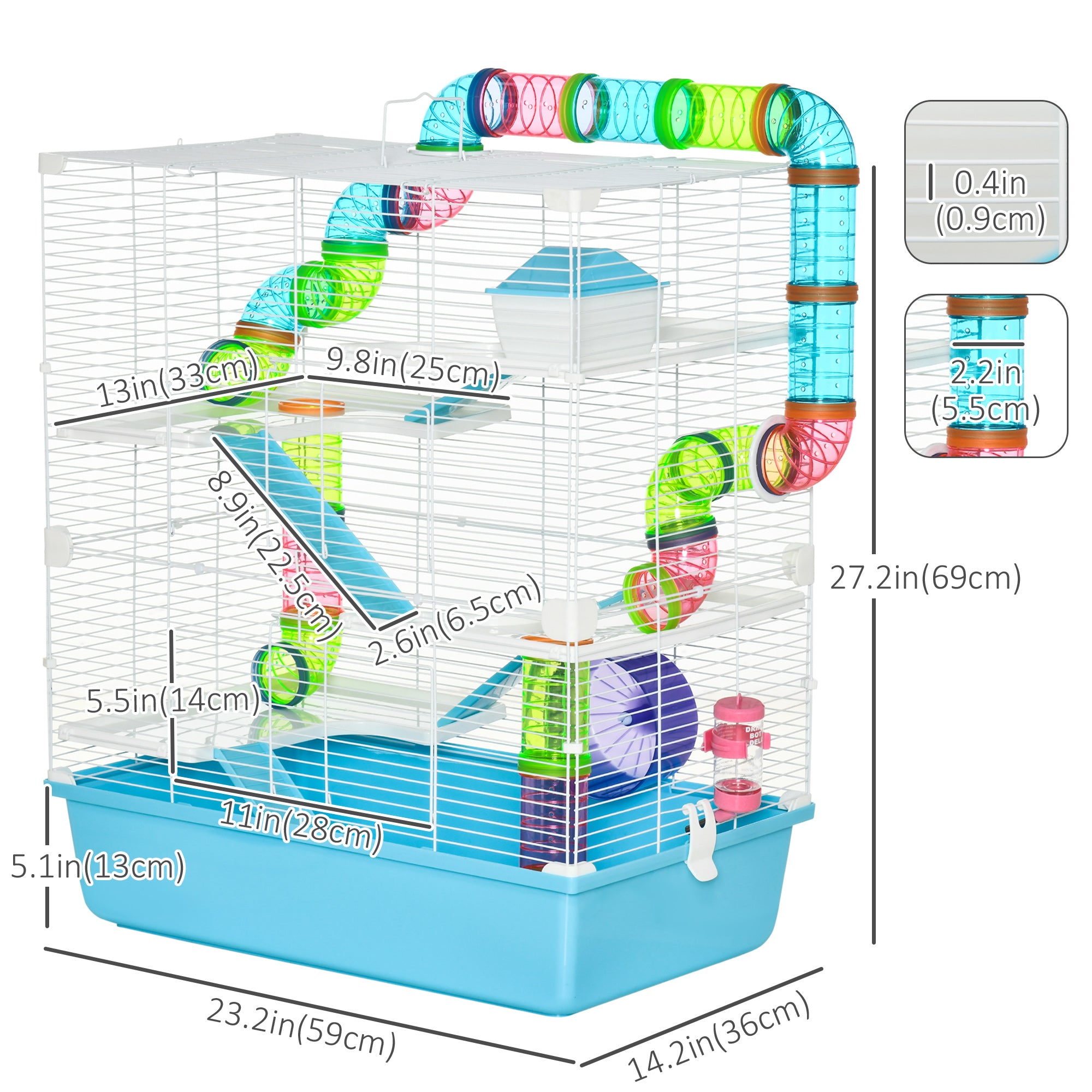 PawHut 23" Large Hamster Cage, Small Animal House, 5-Level Gerbil Haven, Tunnel Tube System, with Water Bottle, Exercise Wheel, Food Dish, Ramps, 2 Doors, Light Blue