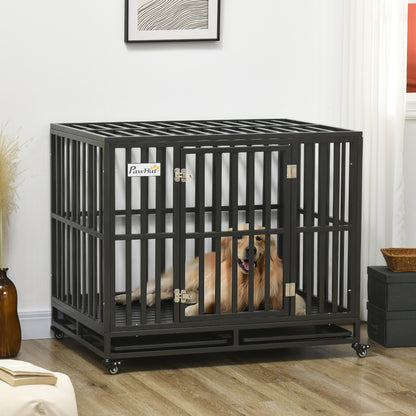 PawHut 45" Heavy Duty Steel Dog Crate Kennel Pet Cage with Wheels for Convenient Access Anti-Pinching Floor, Black