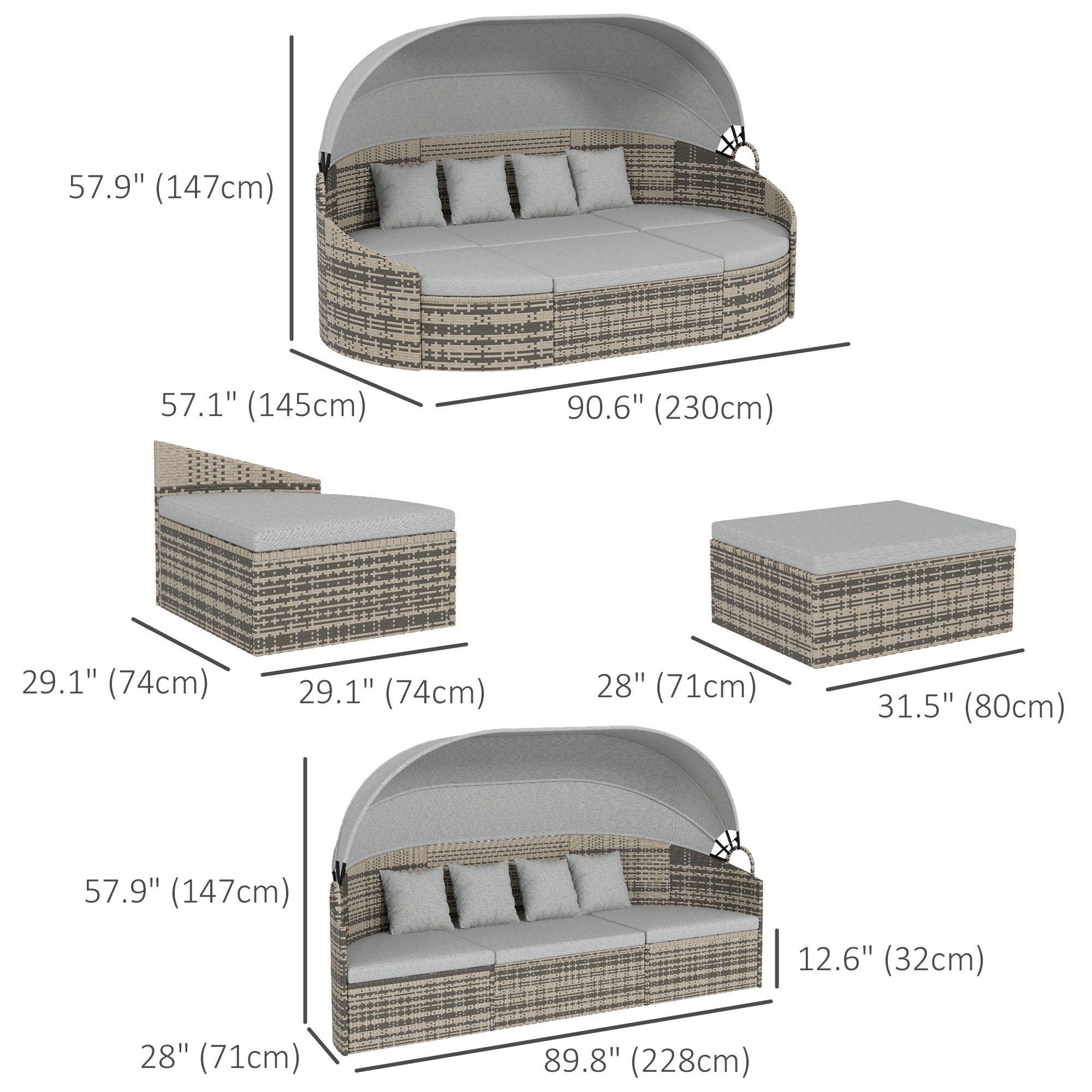 Outsunny 4 Pieces Patio PE Wicker Round Daybed, Outdoor Rattan Garden Lounge Furniture Sets, Light Grey