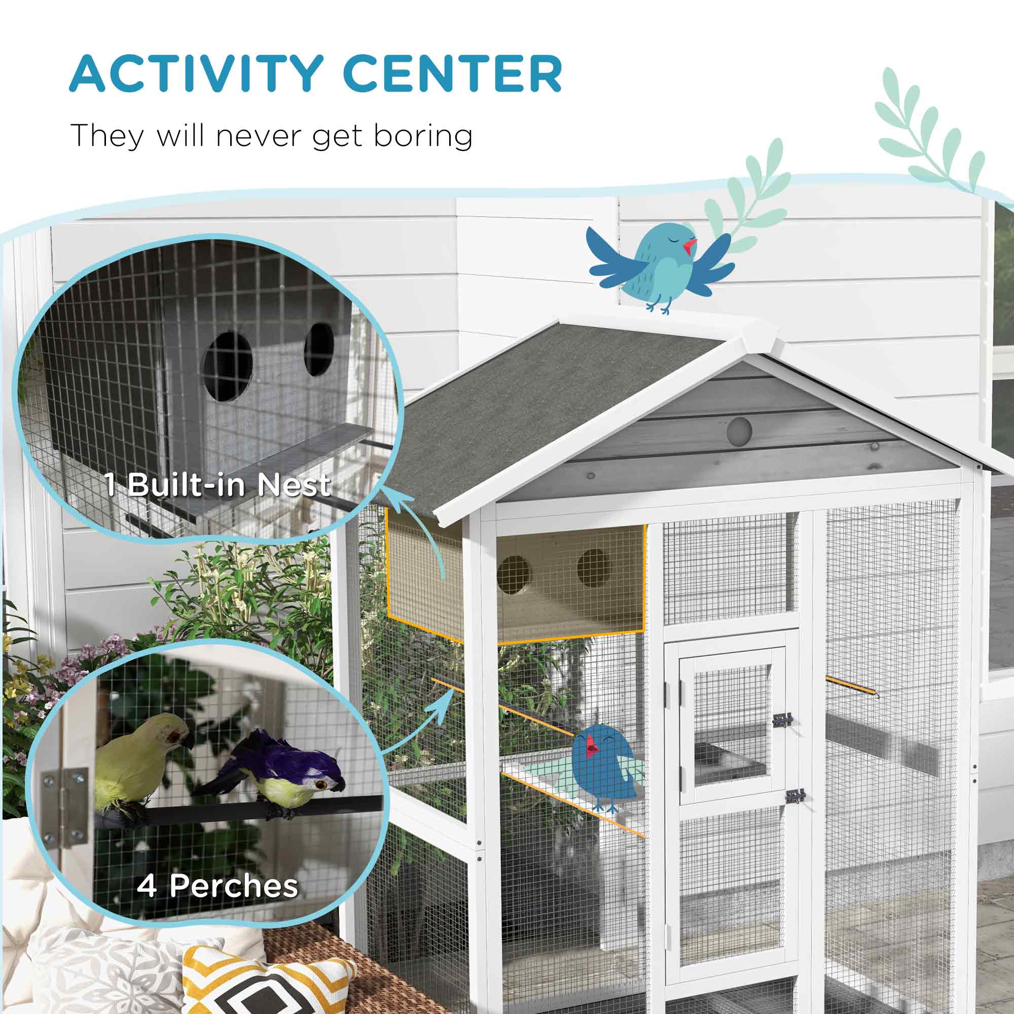 PawHut 65" Bird Cage Large 2 Doors Wooden Aviary for Canary with Standing Pole Nest Slide-out Tray, for Indoor Outdoor, Grey