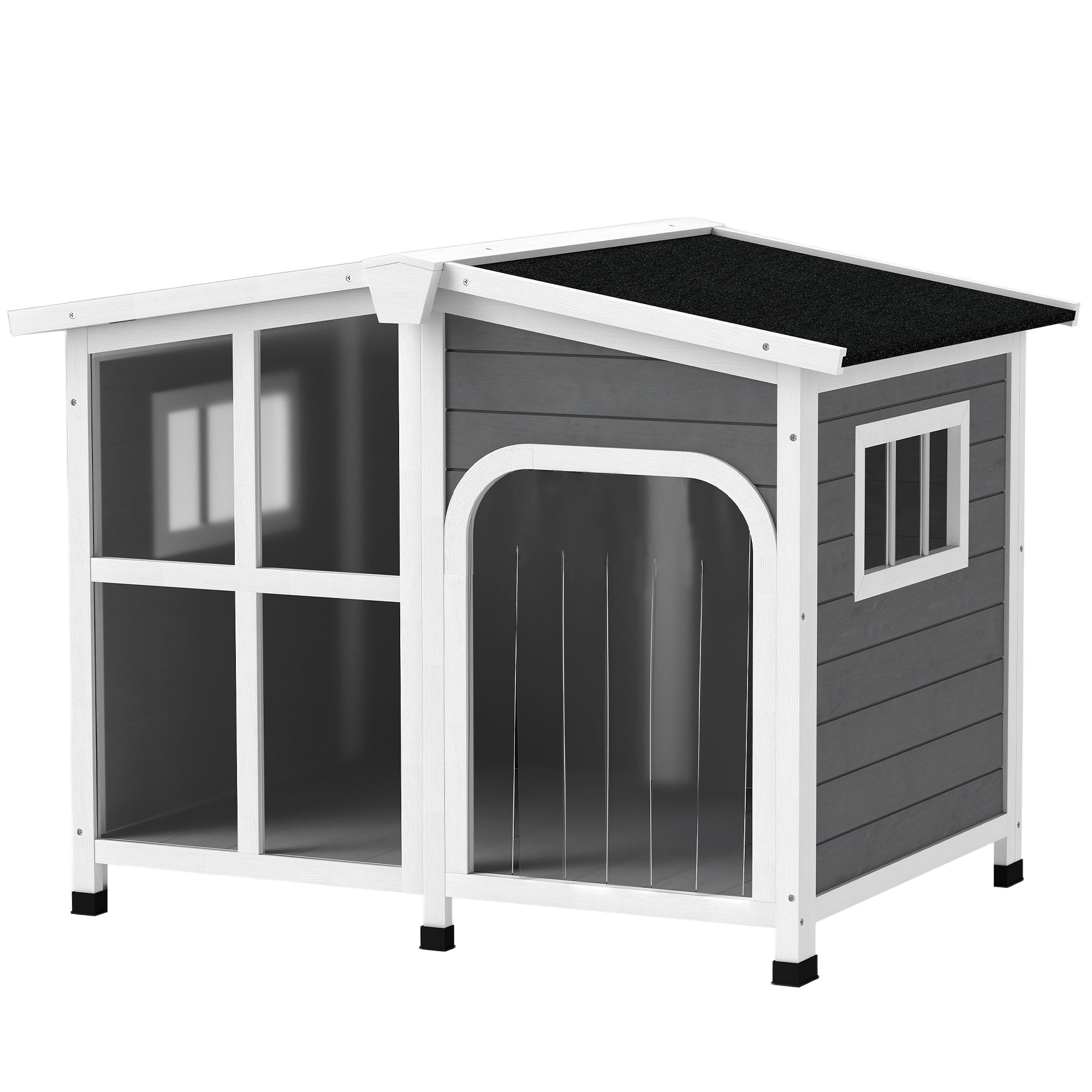 PawHut Wooden Dog House, Raised Pet Kennel with Removable Bottom, Openable Asphalt Roof, Door Curtain, Side Windows, Dark Grey