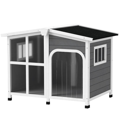 PawHut Wooden Dog House, Raised Pet Kennel with Removable Bottom, Openable Asphalt Roof, Door Curtain, Side Windows, Dark Grey
