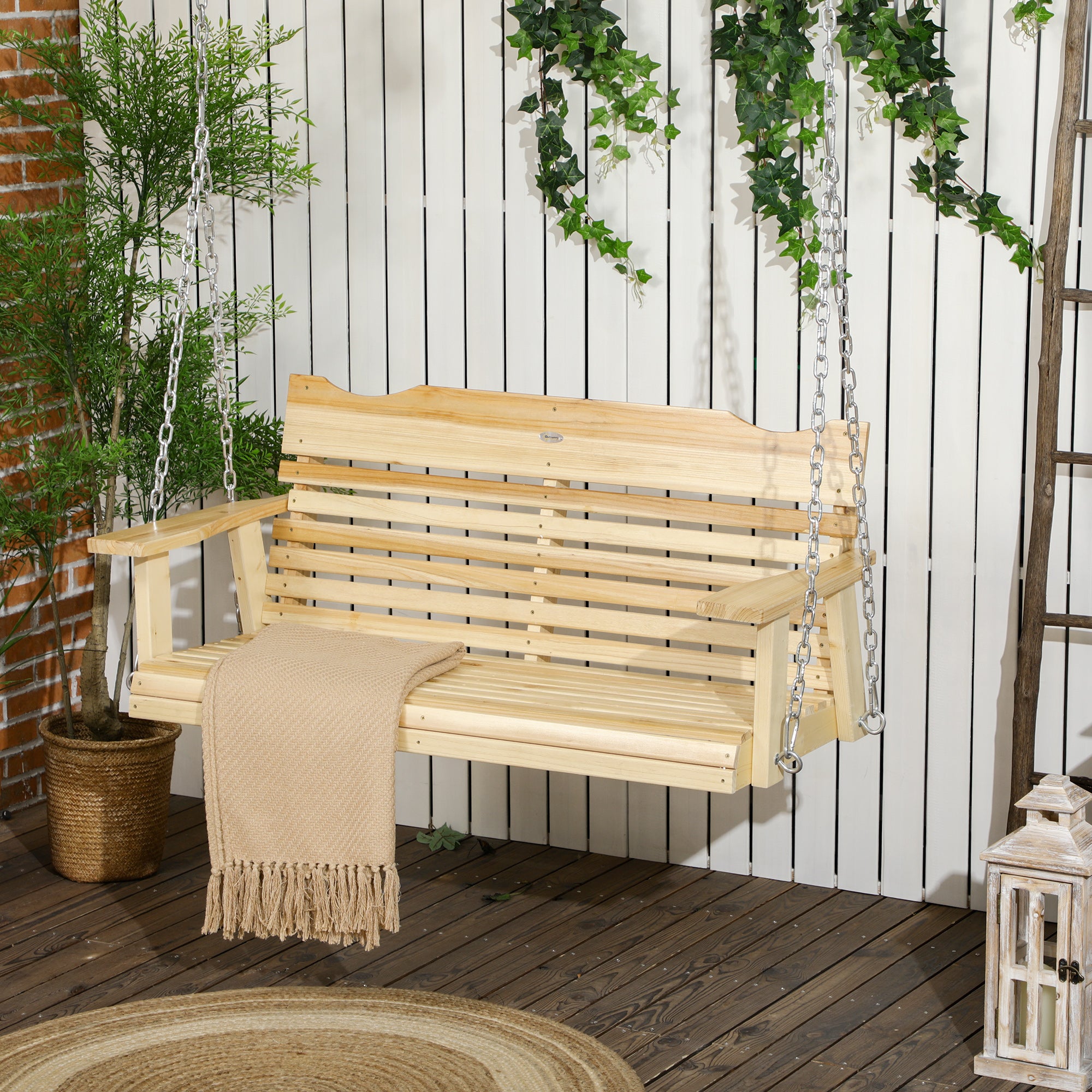 Outsunny 2-Seater Porch Swing, Patio Swing Bench with Adjustable Hanging Chains for Deck, Patio, Garden, Backyard, Natural Wood