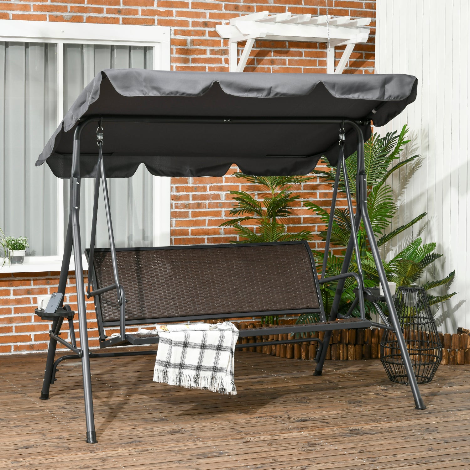Outsunny 3-Seat Patio Swing Chair, Outdoor Canopy Swing Glider with Adjustable Shade, Rattan Seat and Steel Frame, for Porch, Garden, Poolside, Dark Grey