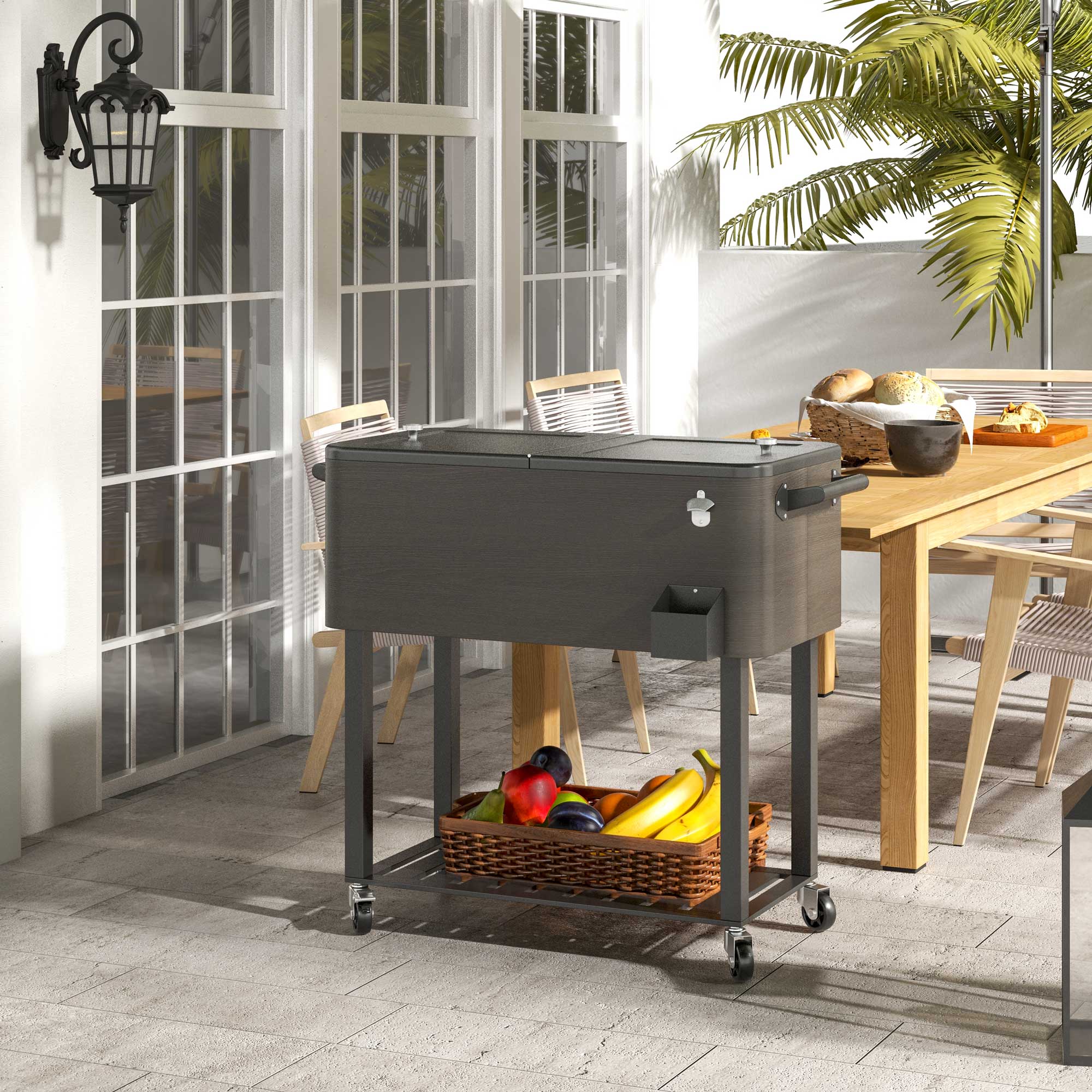 Outsunny Outdoor Beverage Cooler Bar Cart, 67-Qt Patio Cooler Cart Rolling Ice Chest with Shelf, Bottle Opener and Wheels, Grey