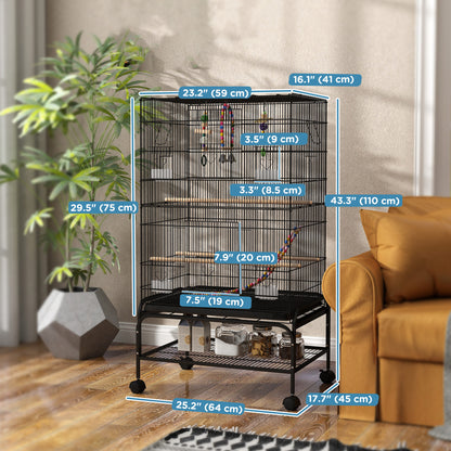 PawHut 43" Bird Cage with Rolling Stand, Toys, for Budgies Canaries Black