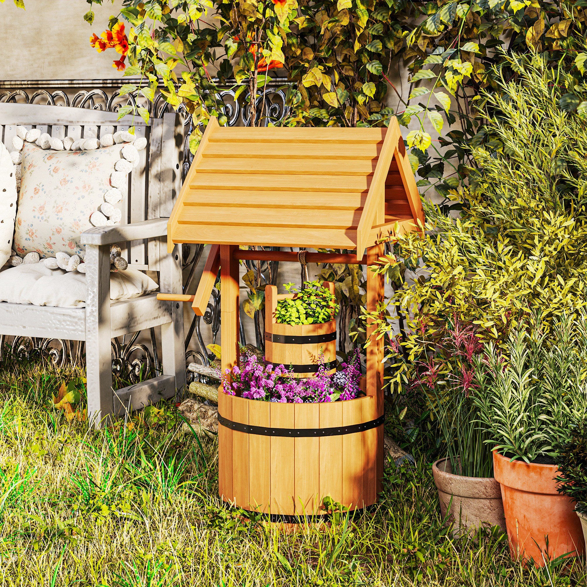 Outsunny Wood Wishing Well Outdoor Wooden Planter with Hanging Bucket and Drainage Hole for Garden, Patio, Backyard, Orange
